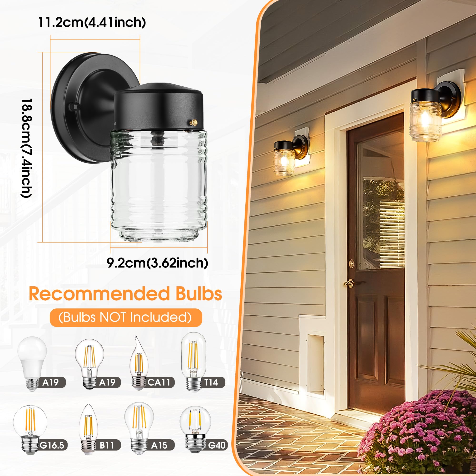 Matameye Jelly Jar Outdoor Wall Lantern, Black Exterior Waterproof Wall Mount Lighting Fixture, Anti-Rust Front Door Wall Sconce With Clear Ribbed Glass Shade, E26 Socket Wall Lamp For Patio, 2 Pack