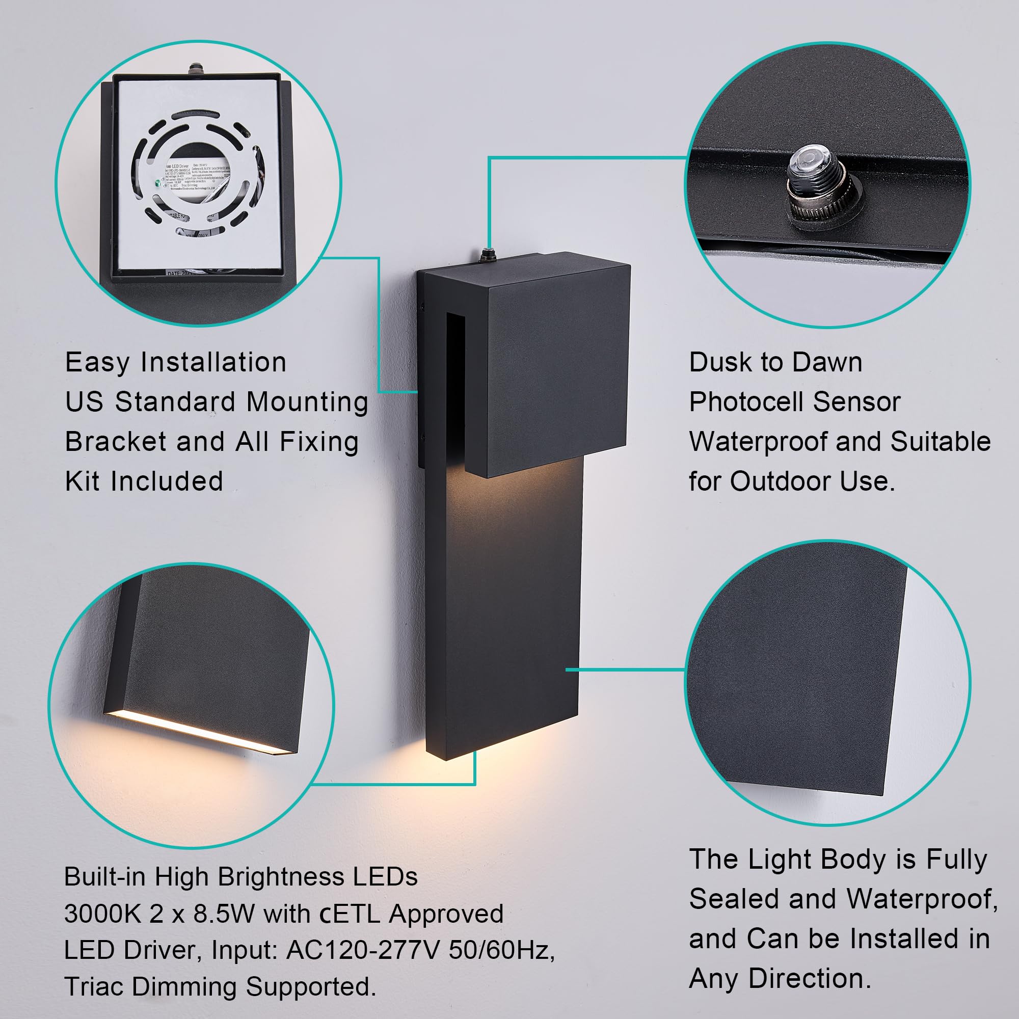 Tarentlight Dusk To Dawn Outdoor Lighting Fixture Wall Mount Modern Integrated Led 2-Light 17W  Exterior Sensor Front Porch Light Textured Black Anti Rust Outside Wall Lights For House Doorway Garage
