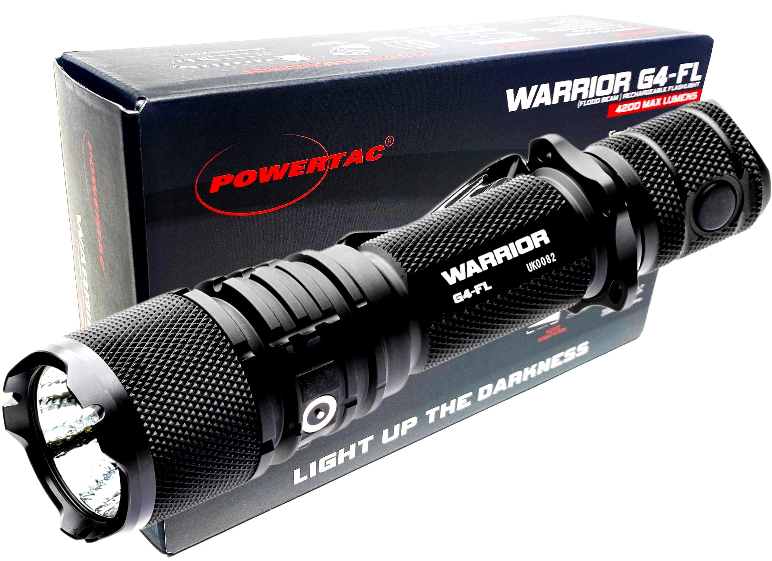 Powertac Warrior G4-FL 4200 Lumen (Wide Beam) Tactical Handheld Flashlight High Lumen, Waterproof, USB Rechargeable Flashlight a