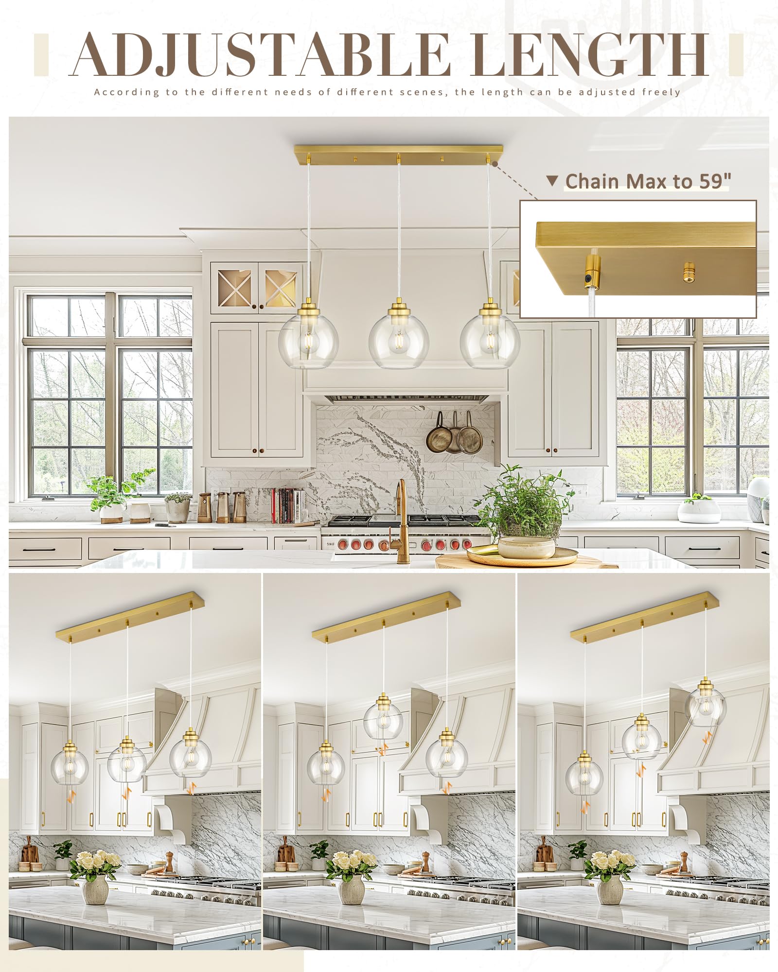 Jazava 3-Light Gold Linear Chandelier, Globe Kitchen Island Lighting, Modern Pendant Light With Clear Glass For Dining Room Livi