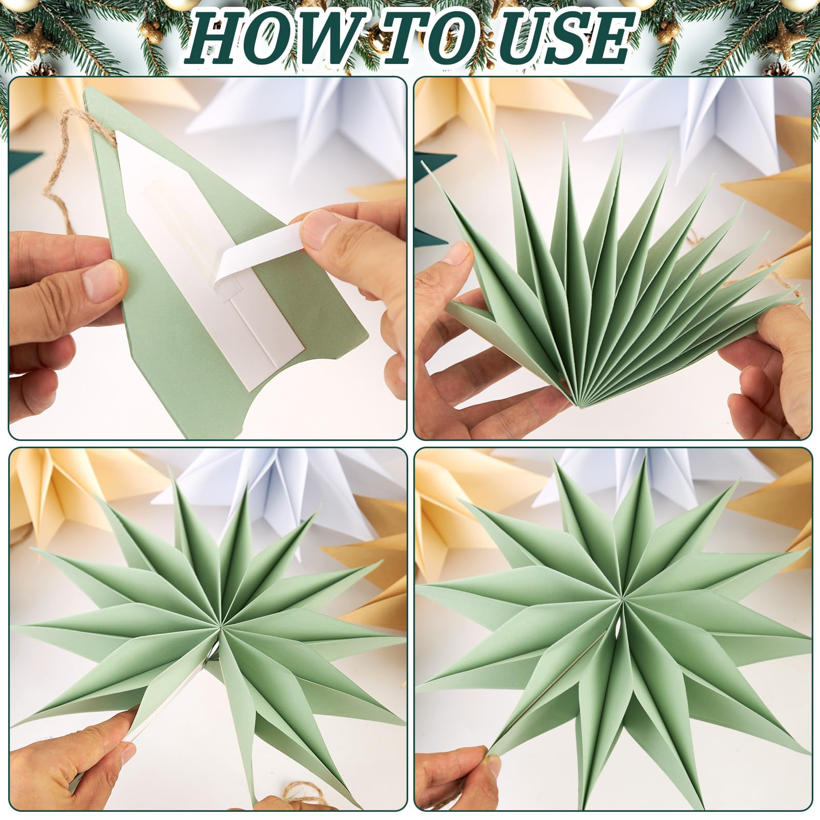 Paper Jazz 12 Point Paper Star Lantern 5 Pcs Sage Green Christmas Ornaments With Paper Stars Large Vintage Christmas Wall Decor For Xmas New Year Baby Shower Wedding Spring Party.