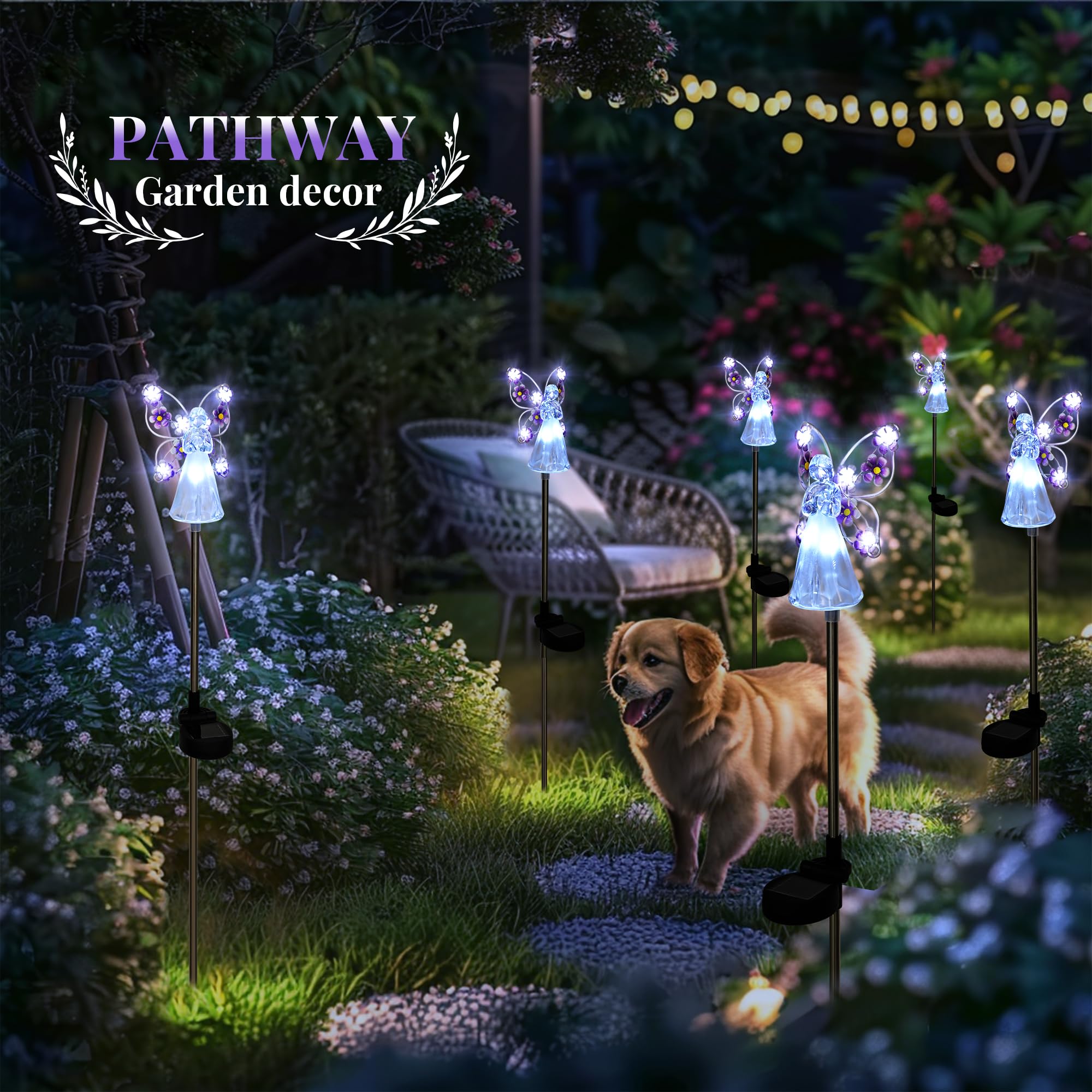 GIGALUMI Solar Angel Garden Stake Lights - 2 Pack, Cold White, Model 8392, 7 LEDs for Memorial and Garden Decorations