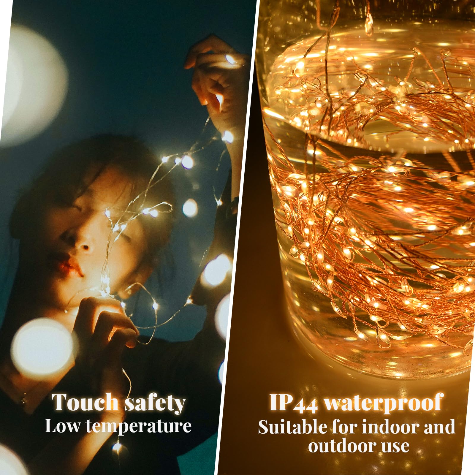 Lycklig Battery Operated Christmas Lights, 200 LED Warm White Fairy Lights, 20FT, Waterproof, Remote, 8 Modes, Gold Copper Wire