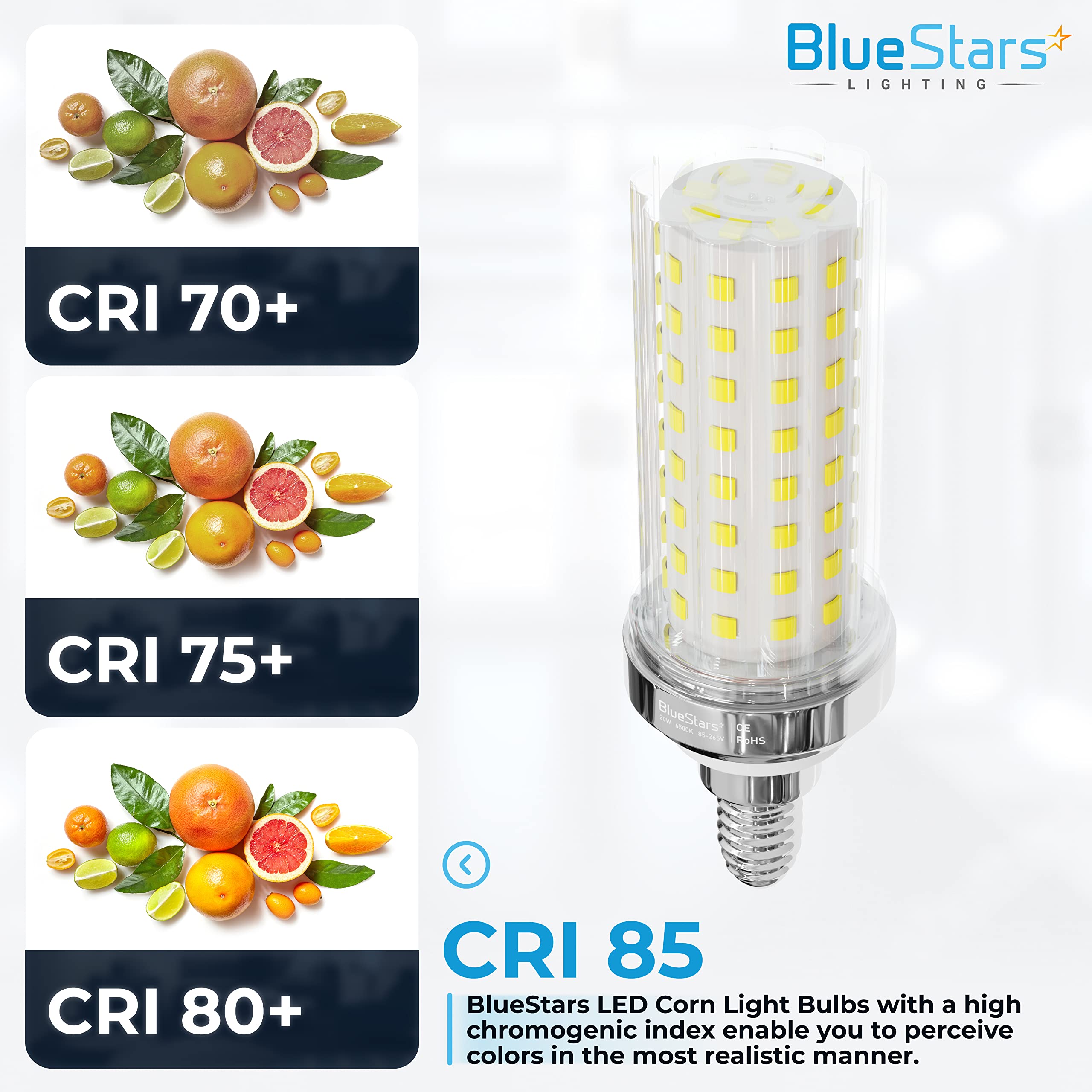 BlueStars 4 Packs E12 20W LED Corn Light Bulbs [4.5in], Candelabra Base 150W Equivalent 6500K Cool Daylight Blue White 1600 lume