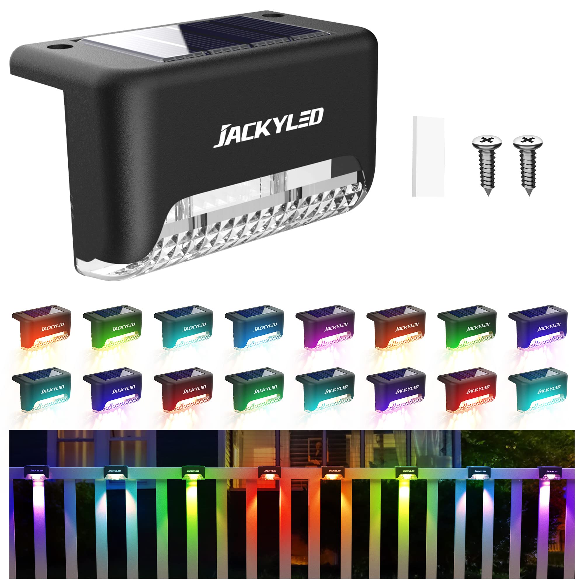Jackyled 16 Pack Deck Lights Solar Powered Color Changing, Outdoor Solar Fence Lights Waterproof Led Stair Lights For Patio Step