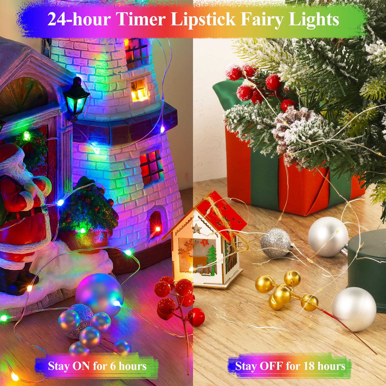 Lakumu 33ft 100LED Multicolor String Lights, Battery Operated Fairy Lights, Silver Plated Copper Wire, Ideal for Bedroom, Christmas, Party