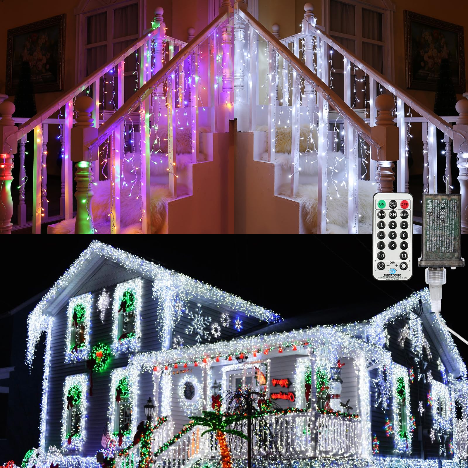 Brizled Color Changing Icicle Lights, 29ft 360 LED Christmas Icicle Lights with Remote, 11 Modes Cool White & Multicolor Xmas Li