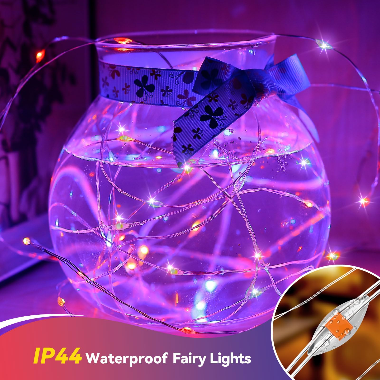 LitHome 4 Pack 240 LED Fairy Lights - Battery Operated, 20FT, Waterproof, Twinkle Lights, Purple & Orange