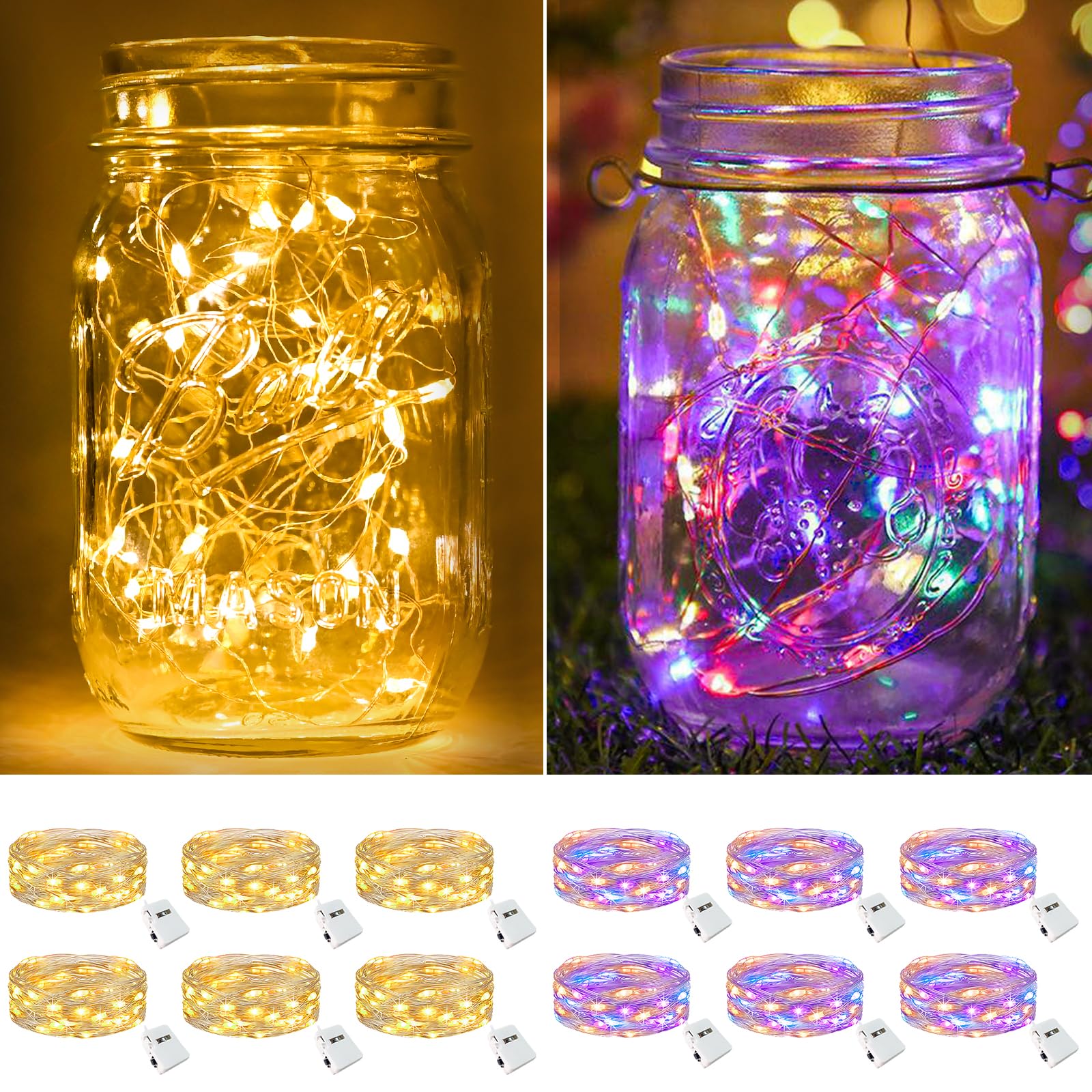 btfarm 12 Pack Fairy Lights Battery Operated [3 Modes]  7ft 20 Led Twinkle String Lights Waterproof Bulk Small Mini Sliver Wire for Christmas Mason Jars Wedding Table Centerpiece  Warm White/Colorful