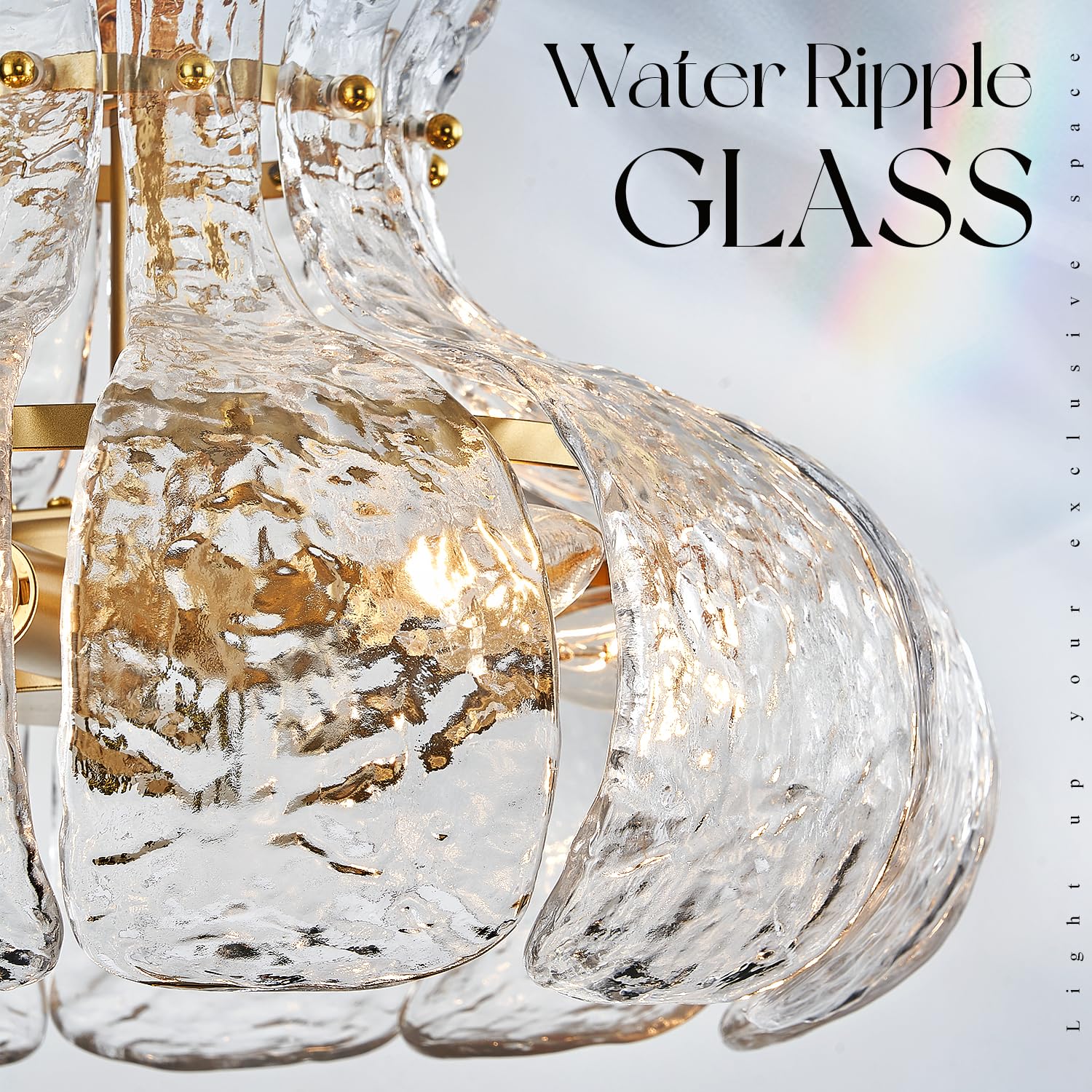 Poemoon 6-Light Modern Glass Chandelier, 15.7" Gold Water Ripple Pendant for Dining Room, Living Room, Kitchen, E12 Base