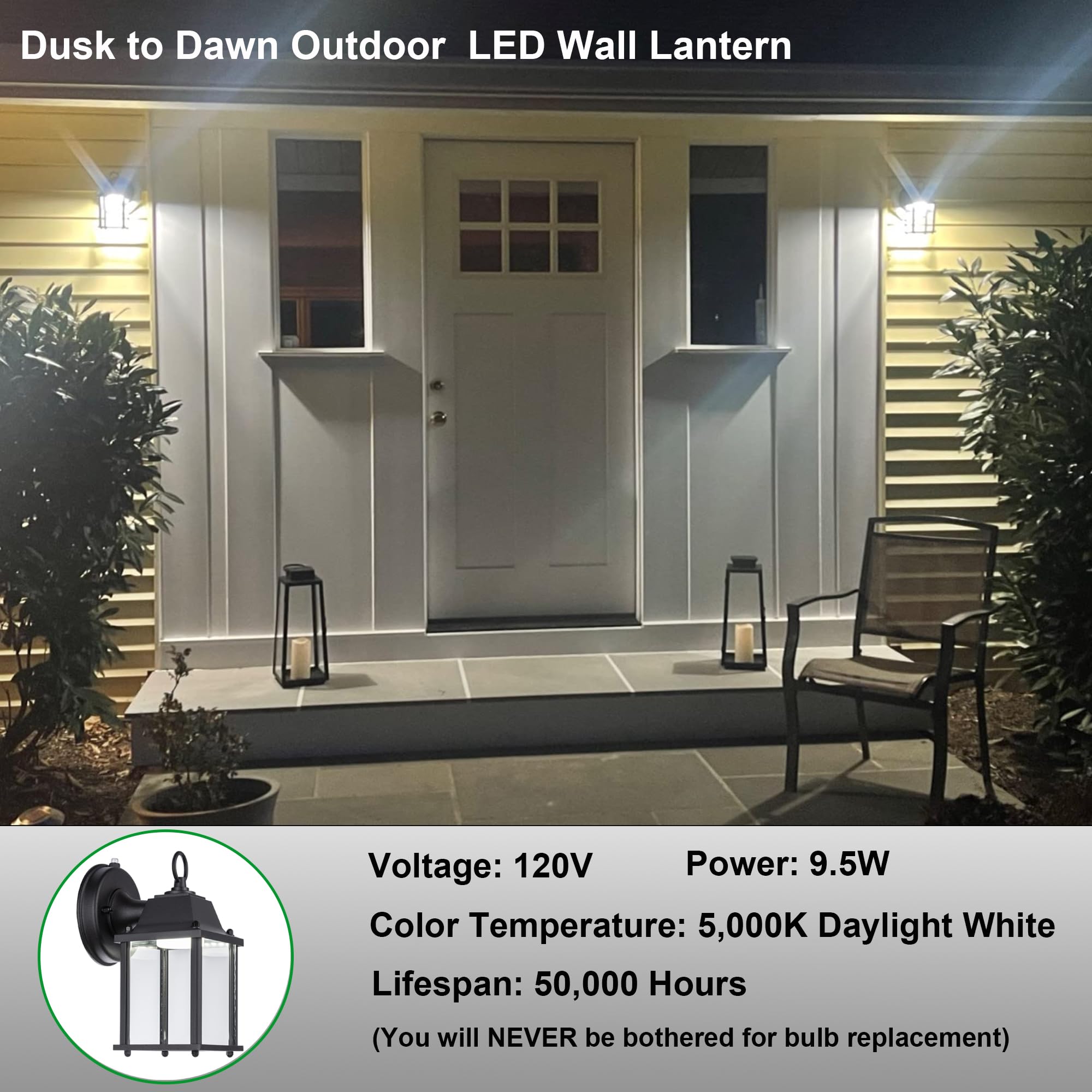 LIT-PaTH Outdoor LED Wall Lantern, 5000K Daylight White, Aluminum, 1-Pack, Black, Model LT-WL013P50K-BK-1PK