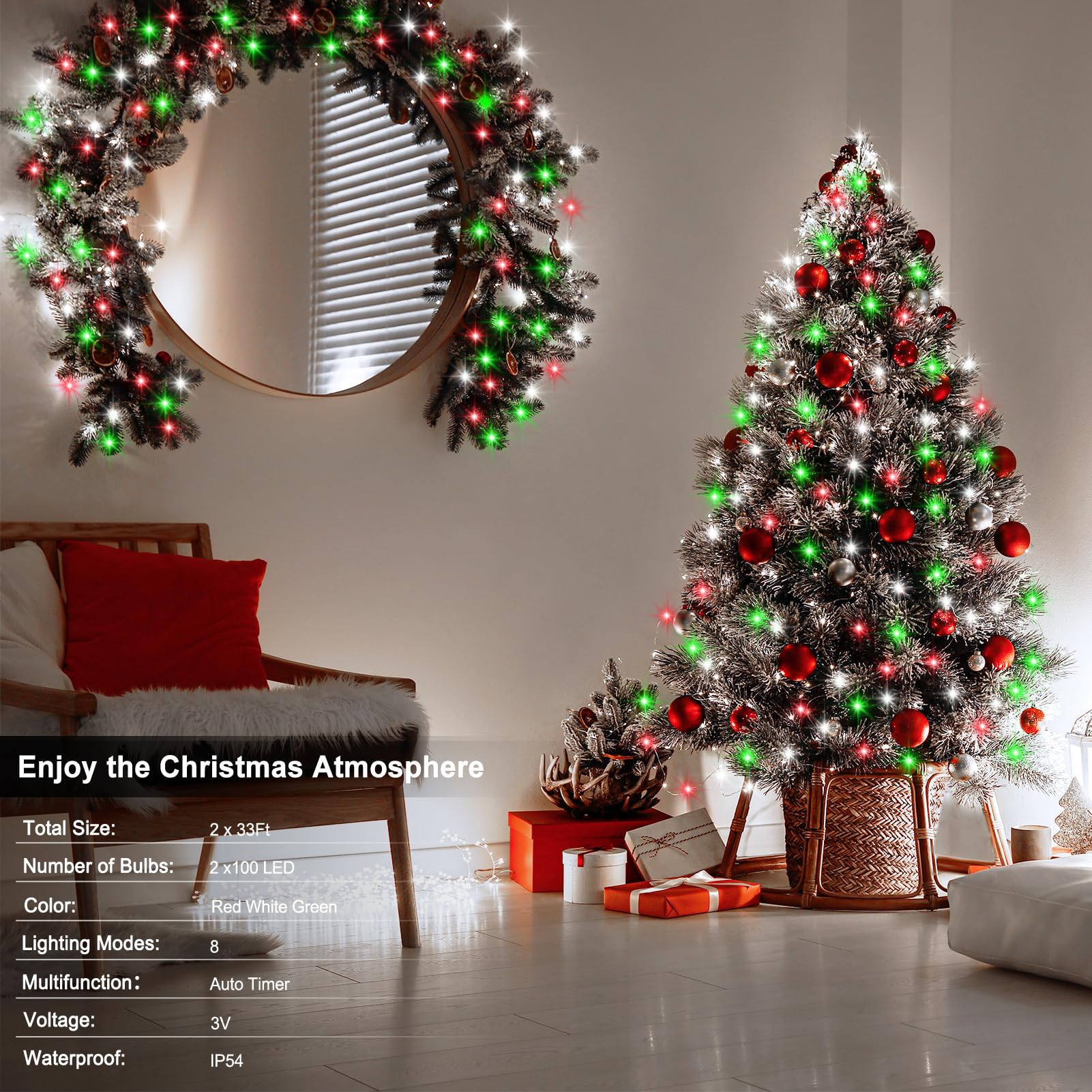 Echosari 2 Pack Red White And Green Christmas Fairy Lights Battery Operated, 200 Led 66Ft Silver Wire Starry String Lights Auto Timer 8 Modes Waterproof Mini Lights For Wreath Diy Fence Decor