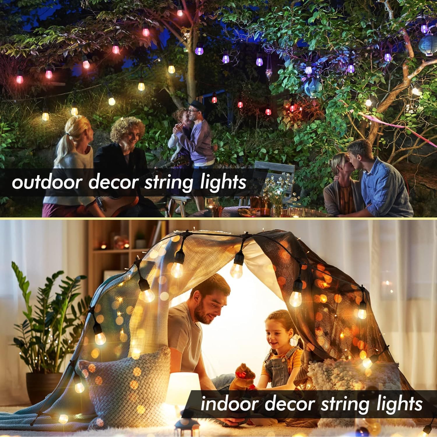 IPStank Solar Outdoor String Lights, 96FT, 30 Dimmable RGB Edison Bulbs, Waterproof, Multicolor, Model YGM-S14-15S