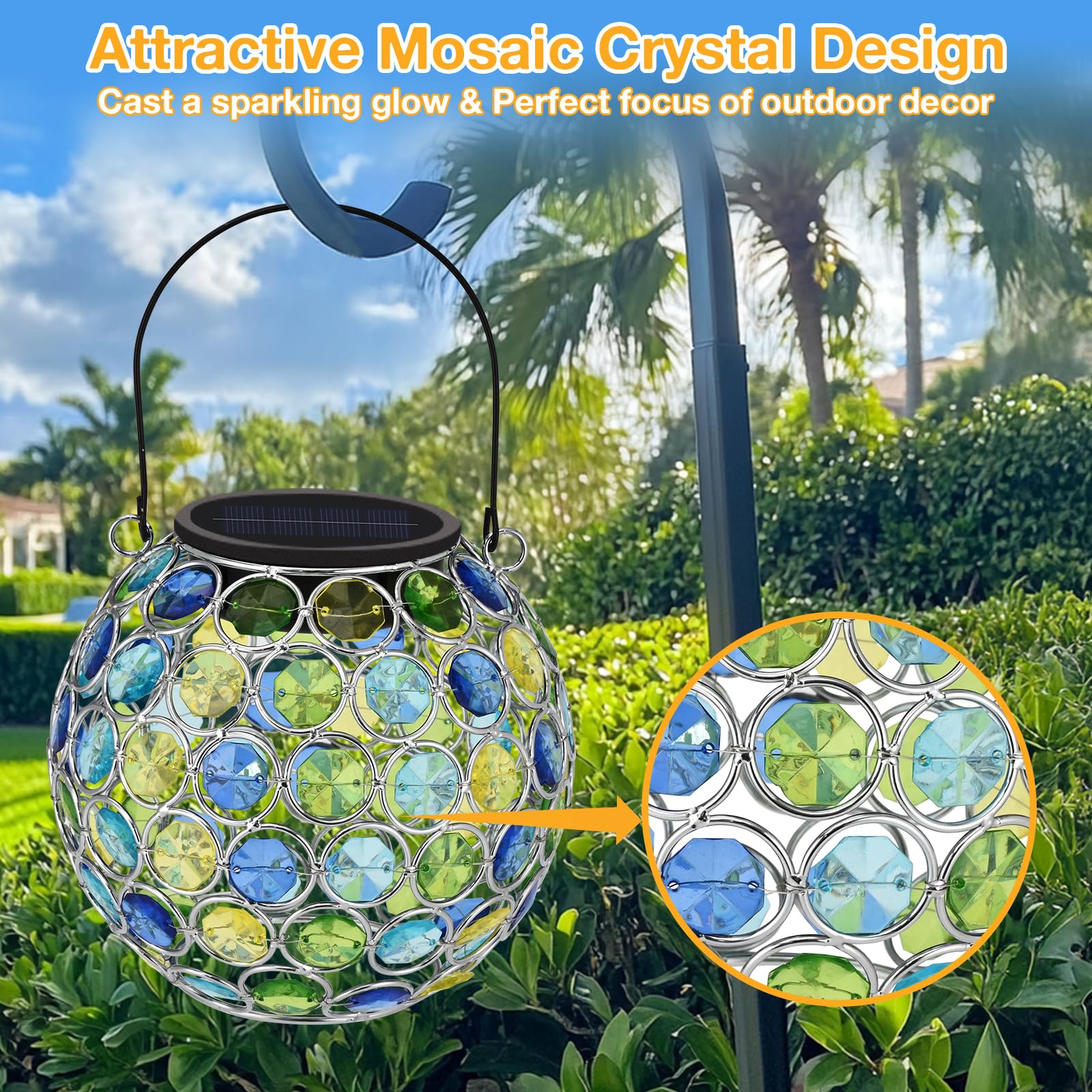 Uspring Crystal Mosaic Solar Lanterns Outdoor Waterproof Decorative Hanging Solar Lights For Outside  Gifts For Women Mom Grandma Garden Decor For Patio Backyard Porch Pathway Lawn Walkway  Blue