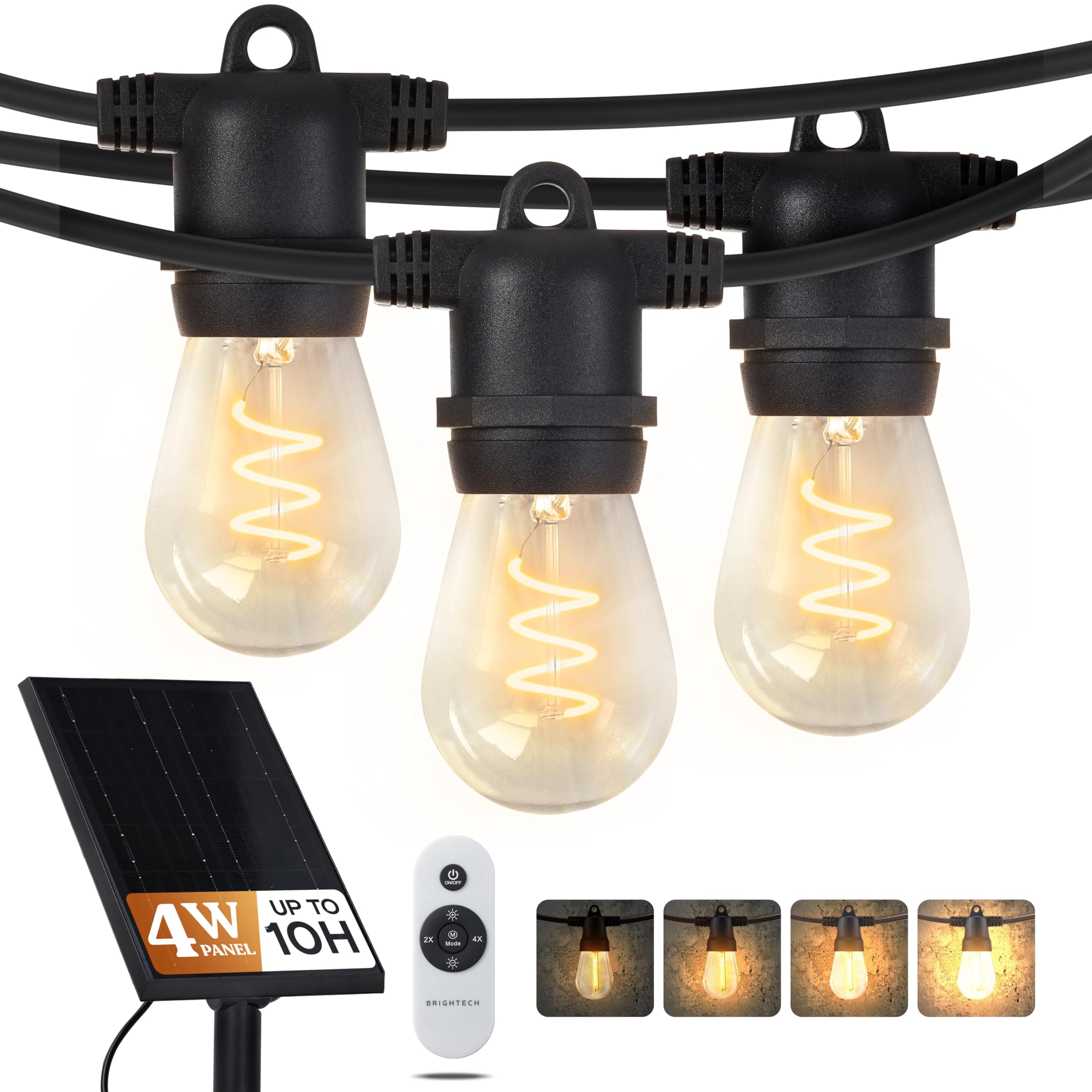 Brightech Ambience Pro Super Bright 48 Ft, 15 Bulbs Solar Power Remote Control Outdoor String Lights, Edison Spiral Shatterproof