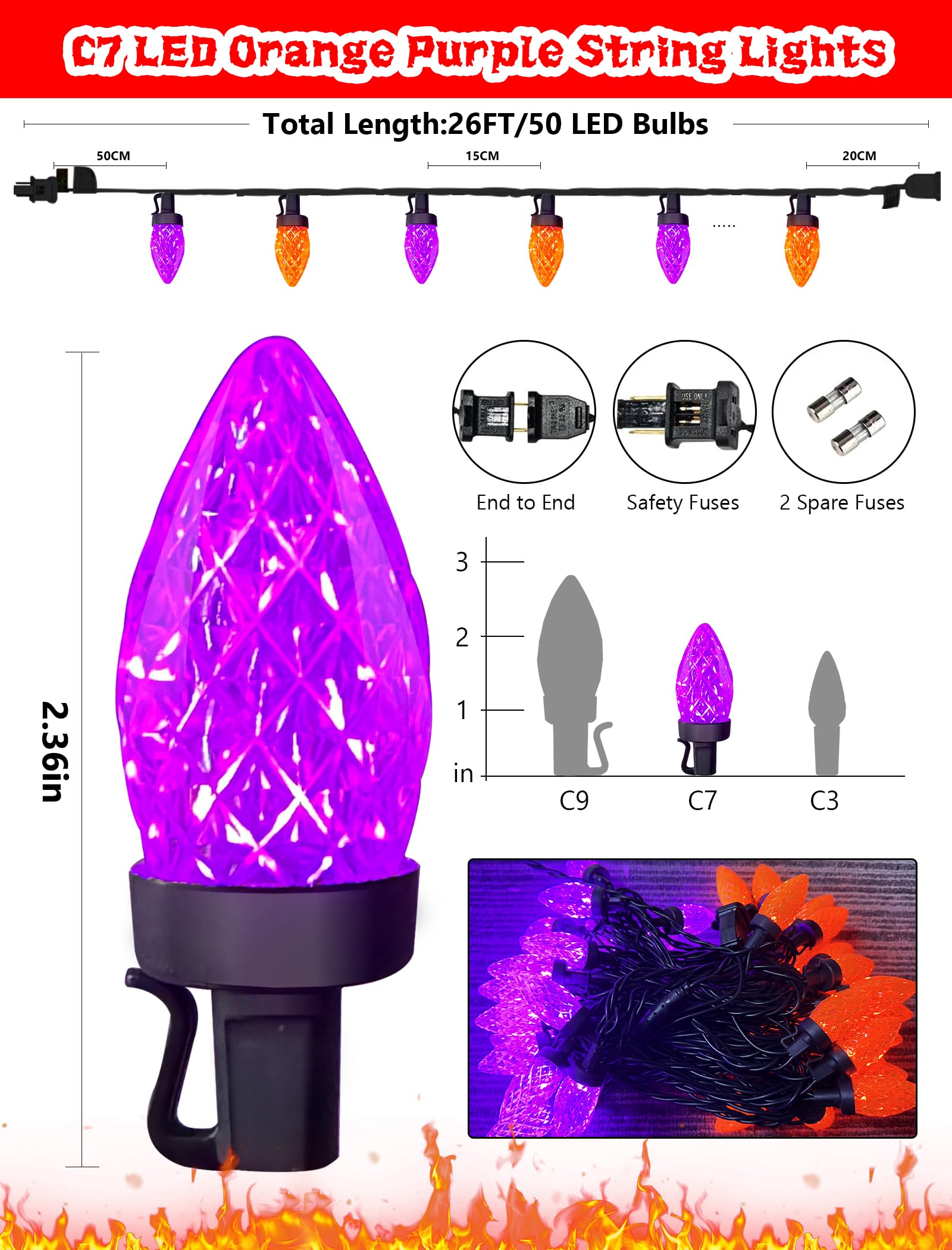 26Ft Halloween String Lights Outdoor  50 C7 Led Orange And Purple String Lights Waterproof  Plug-In Halloween Patio Decorative Lights For Indoor Roofline Backary Porch House Holiday Party Decor