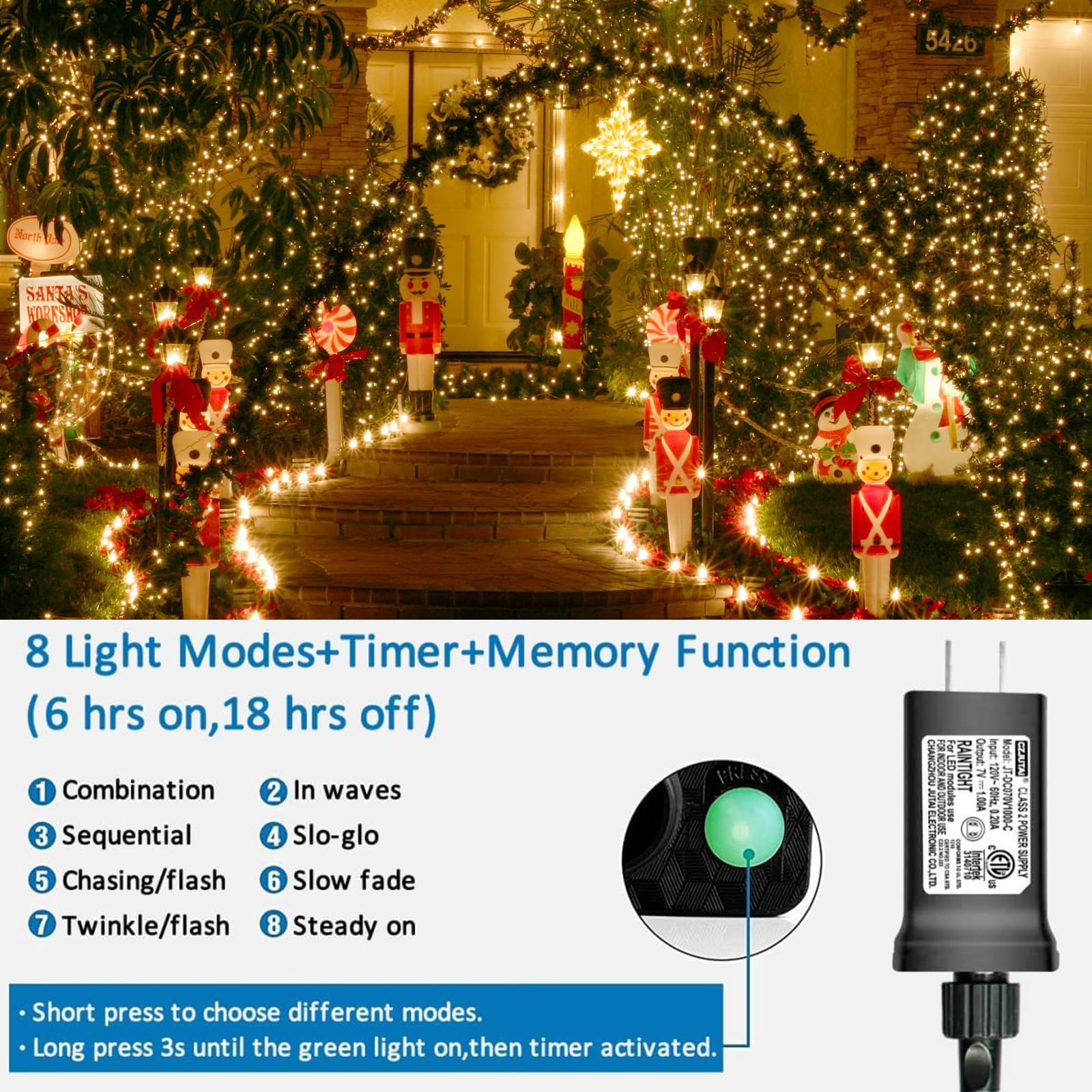 YEGUO 500 LED Christmas Lights, Warm White, Waterproof, Green Wire, 165ft, Model JT-EL/FC300V0200-C