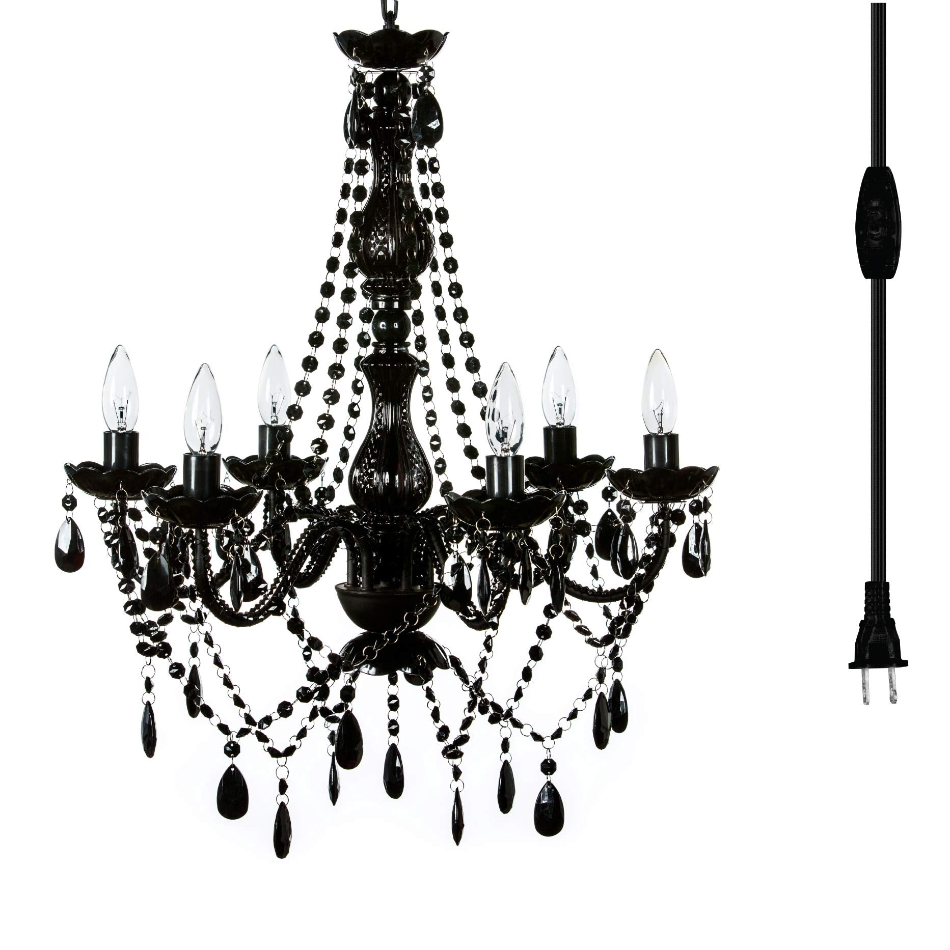 gypsy color The Original Brink House Plug-in 6 Light Black Hanging Swag Chandelier H26 xW22   Black Metal Frame  Glass Stem and Acrylic Crystals