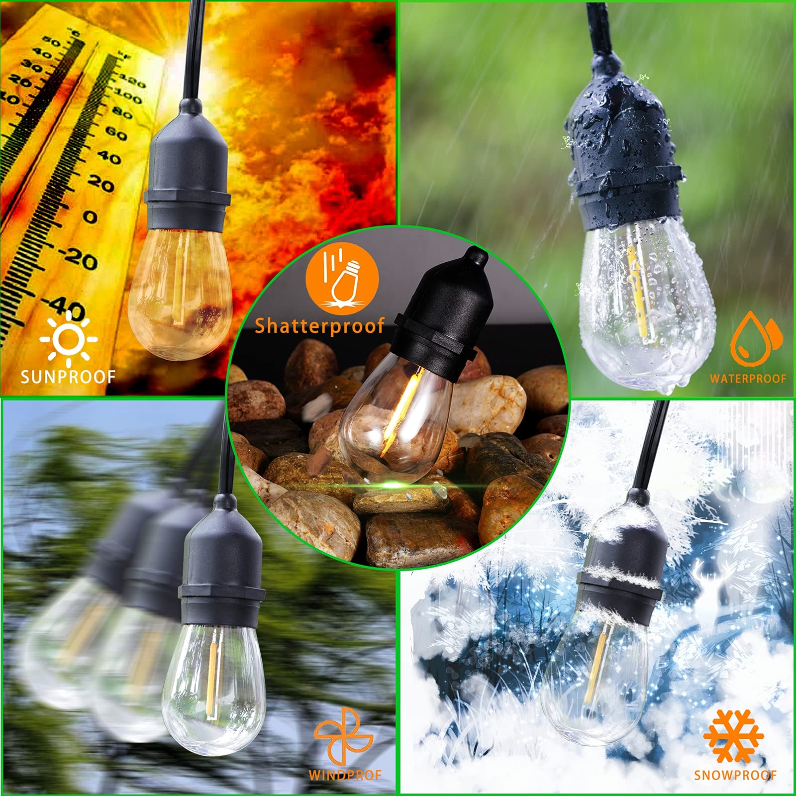 EIKOSON 48FT LED Outdoor String Lights, Weatherproof Shatterproof Edison Bulbs, Black, Commercial Grade for Backyard, Porch, Party