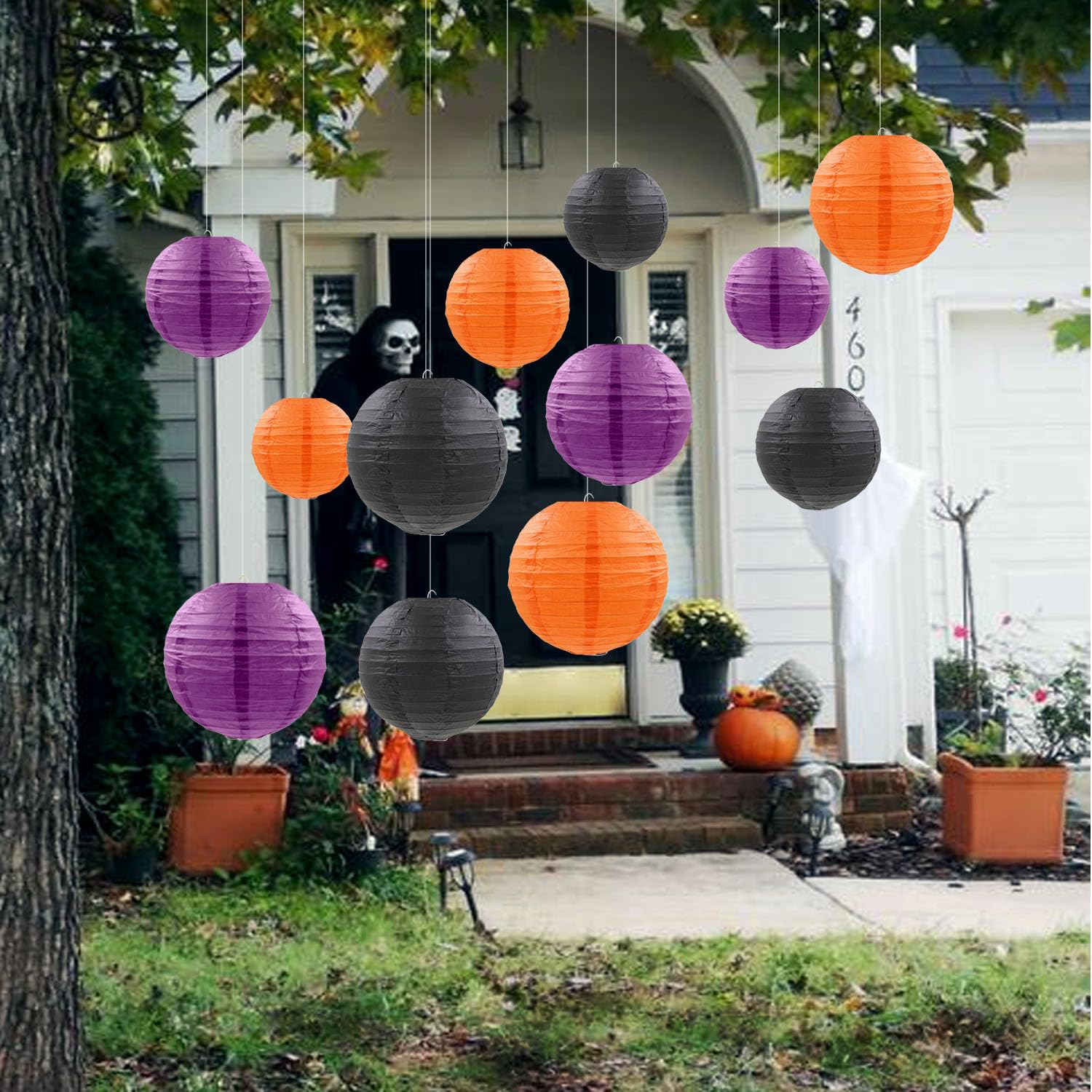 Pheila 12 Pcs Halloween Paper Lanterns - Orange, Black, Purple Party Decorations For Indoor/Outdoor