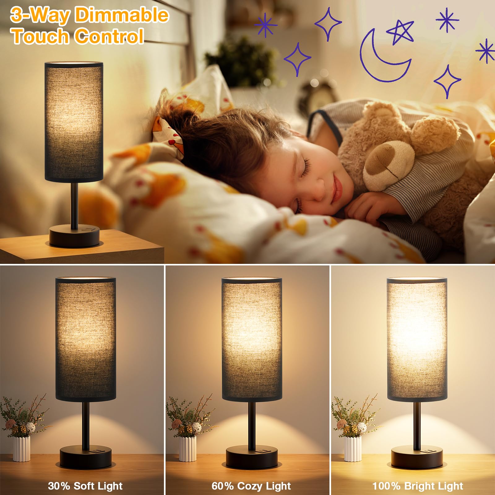 Dicoool Black Touch Control Bedroom Lamp - 3 Way Dimmable, USB Charging Station, 14" Size, Perfect for Nightstand or Desk