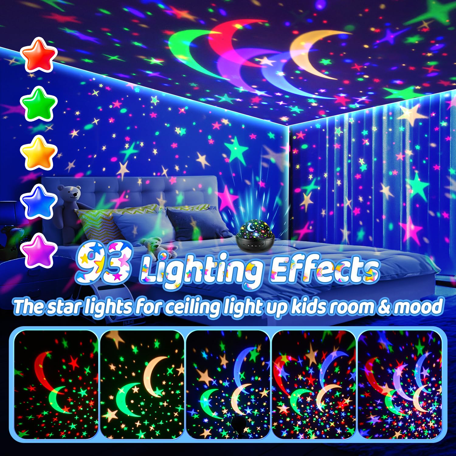 COOLNIGHT Night Light Projector for Kids, Remote Control, 93 Lighting Modes, 3 Films, Black, Model NLP-Pro
