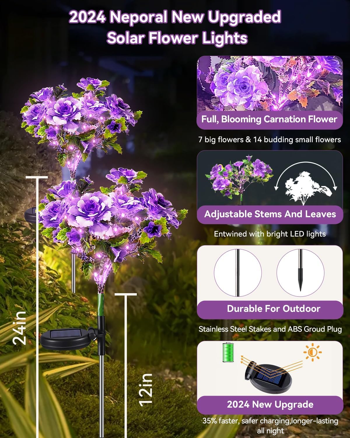 Neporal Solar Flowers Outdoor Waterproof Ip65, 7-Stems Purple Carnation Solar Lights Outdoor Garden Decorative, Bigger Panel For