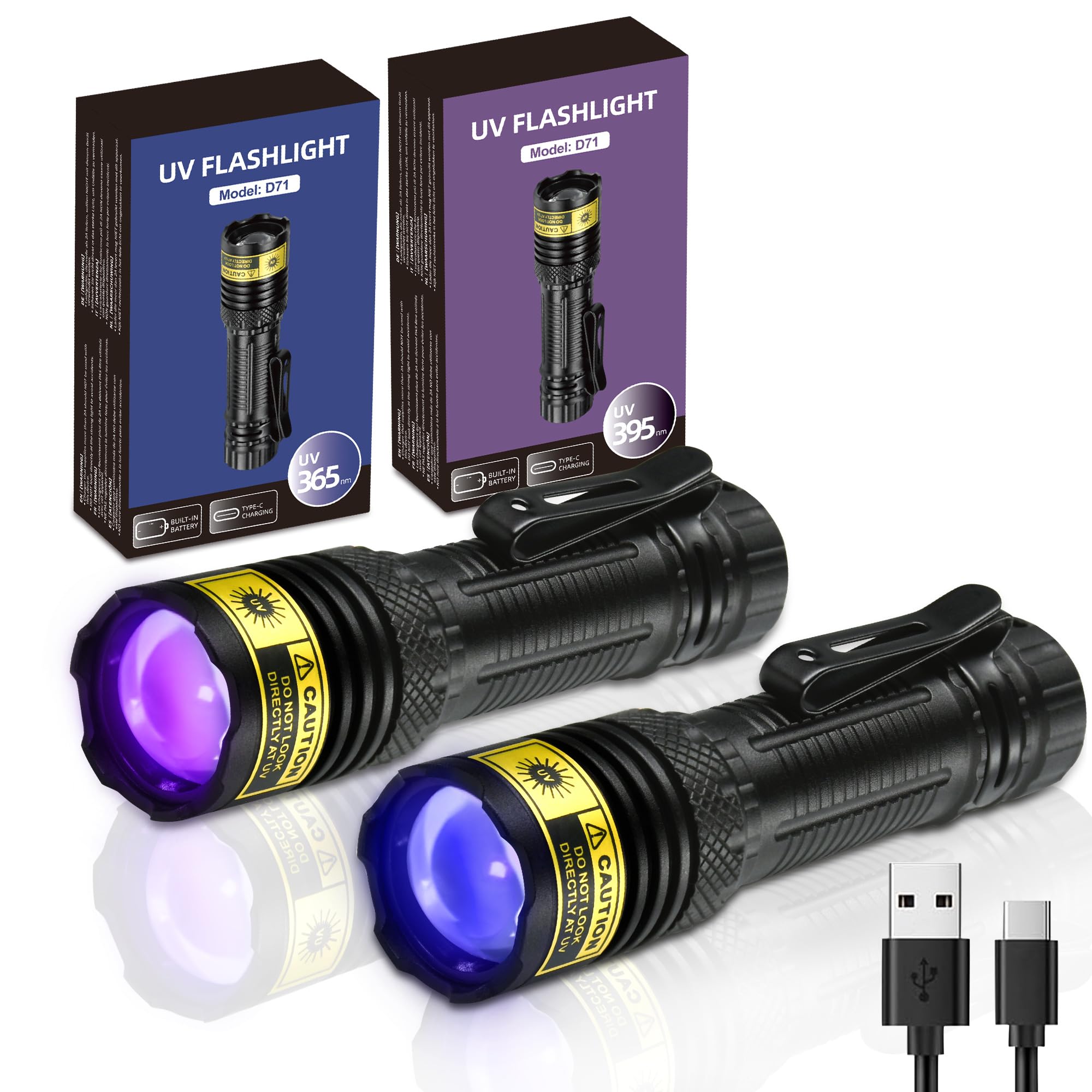 DARKDAWN UV Flashlight 365&395nm Black Light Mini USB Rechargeable Ultraviolet LED Blacklight Woods Lamp Powerful Fluorescent Portable Detector for Pet Urine Stains  Money  Resin Curing(2 Pack)