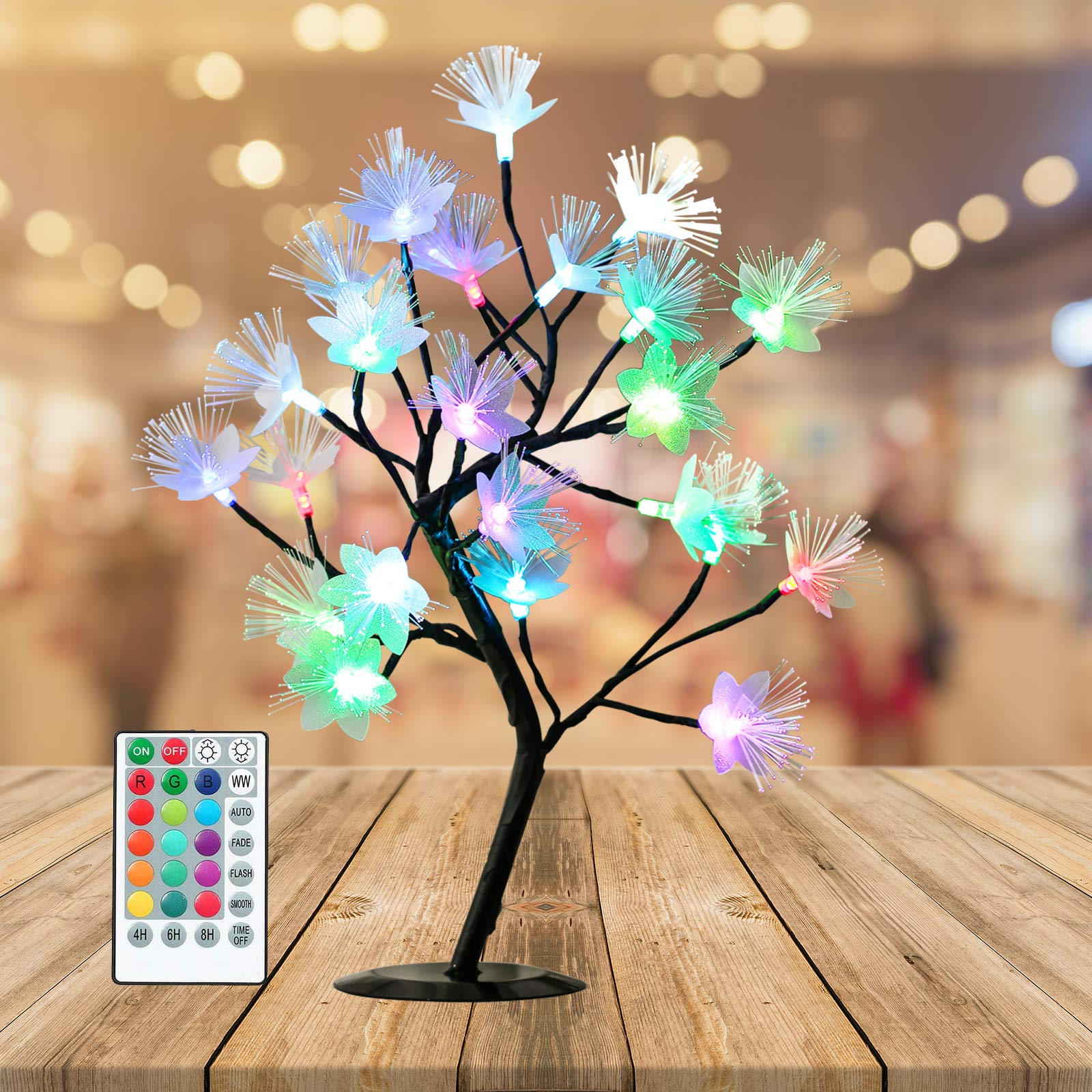 Ypdtacosu Colorful Table Top Tree For Home Decorations, 16 Colors Fiber Twinkling Blossom Flower Lamp Remote Timer Tabletop Chri