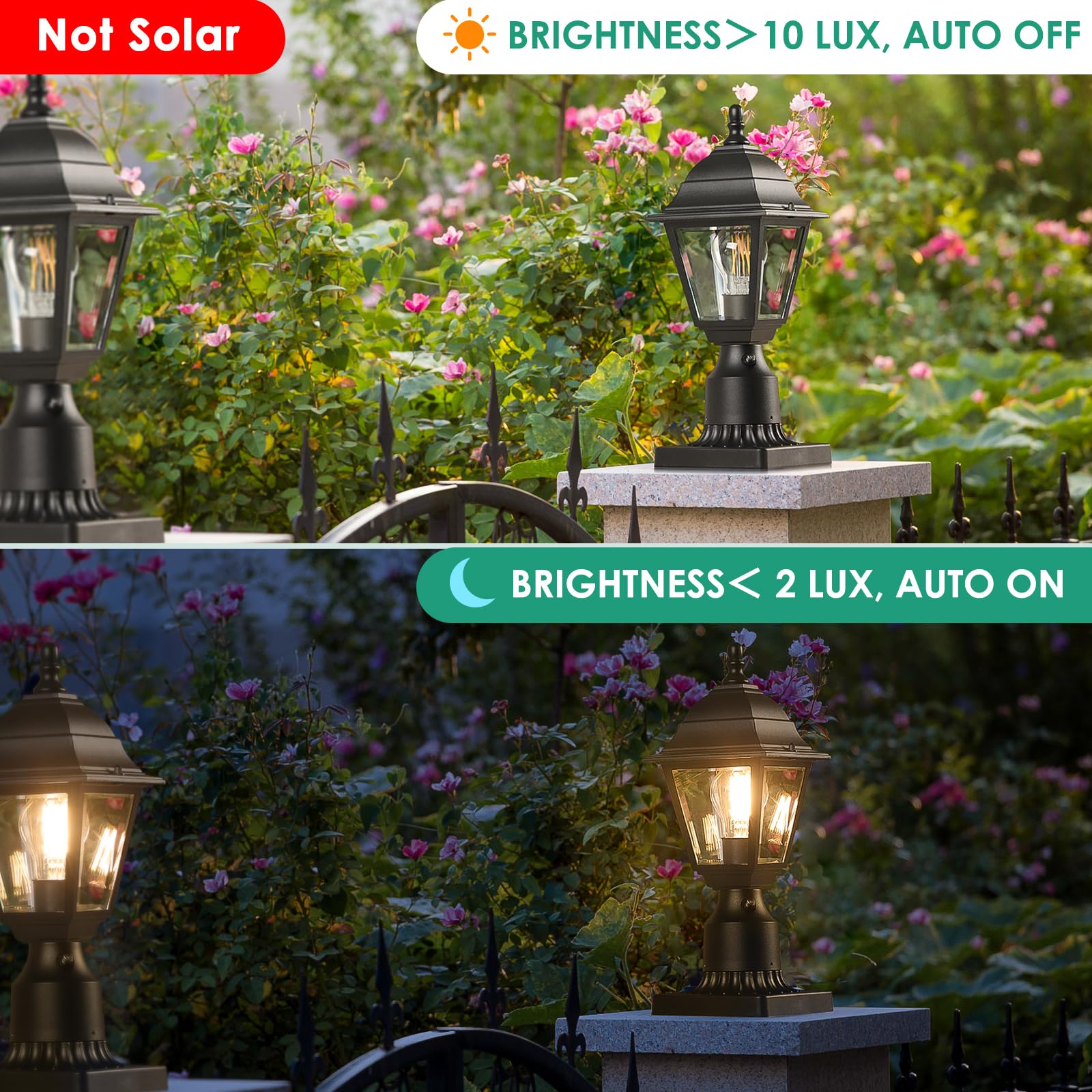 Folksmate Dusk To Dawn Outdoor Post Lights, 2-Pack Waterproof Outside Post Lamps With Pier Mount, Exterior Pole Lantern With Cle