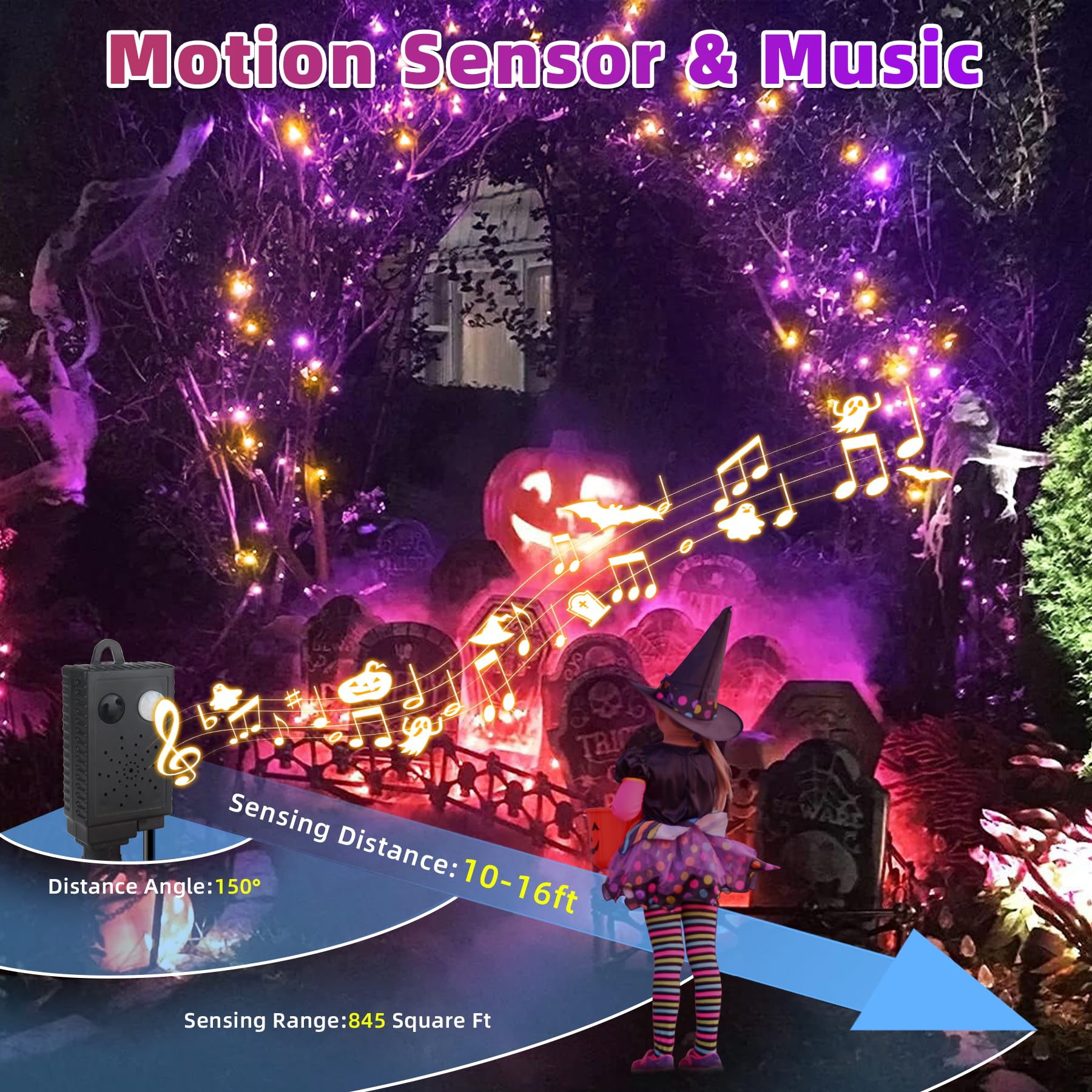 Chuya LED String Lights 300 Lights 105FT Waterproof Music Orange Purple Model QL300AE for Halloween Party Garden Christmas Decor