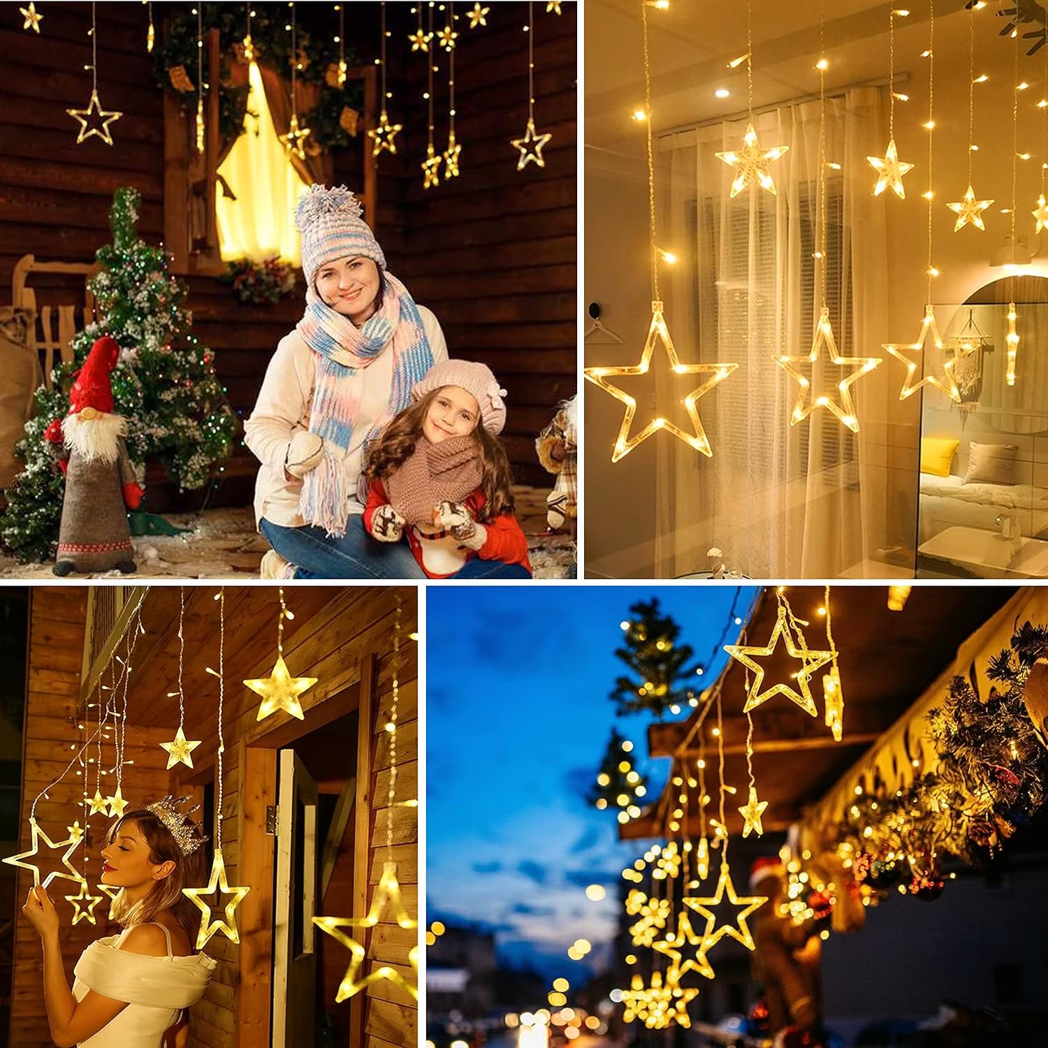 Star Curtain Lights For Bedroom - Plug-In 9Ft 138 Led Fairy Twinkle Lights With 12 Star Drops, Connectable Window Lights With Remote 8 Lighting Modes For Indoor Xmas Ramadan Decoration, Warm White