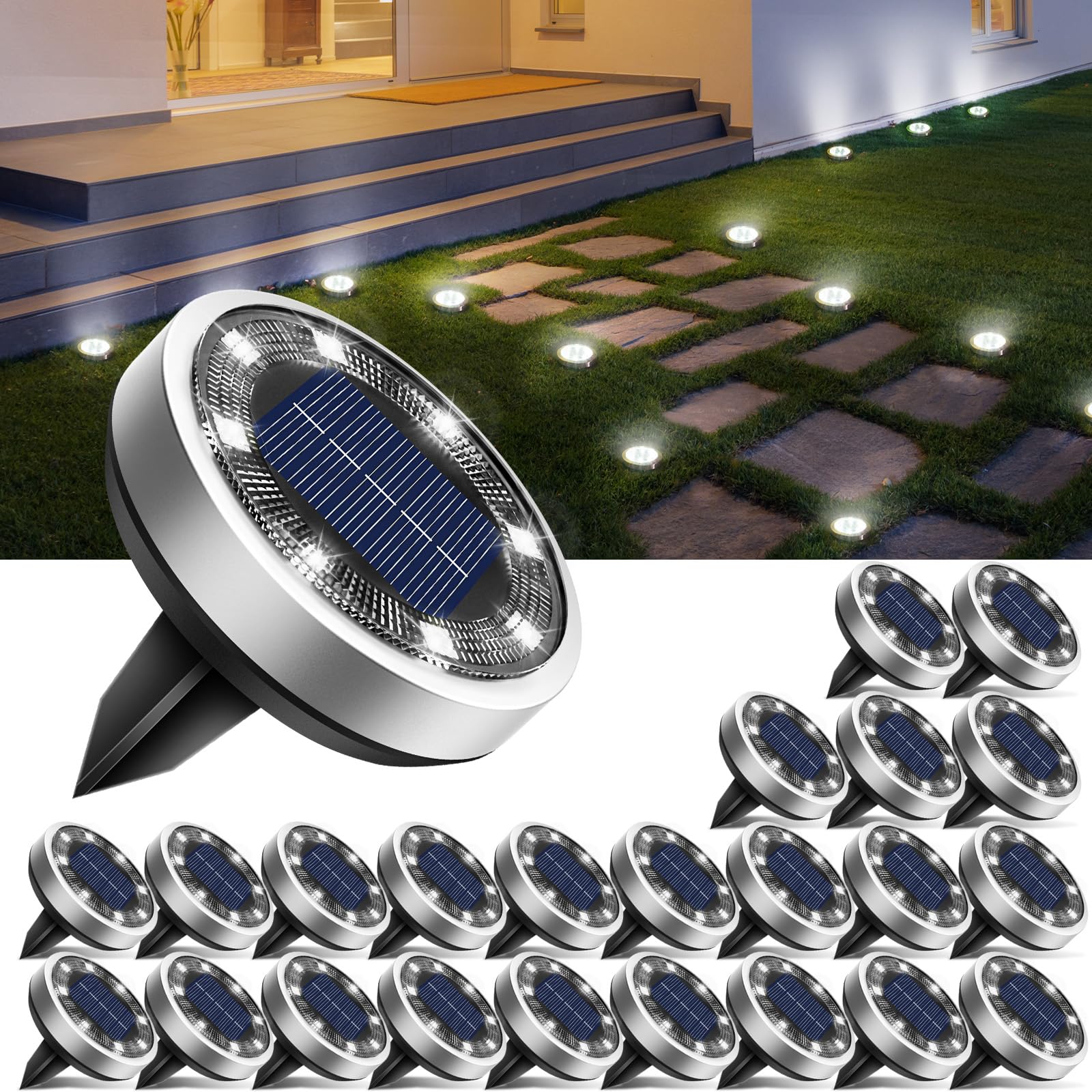 btfarm Solar Ground Lights 24 Pack, 8 LED Waterproof Flat Pathway Lights, Cool White, Model DC-CD915