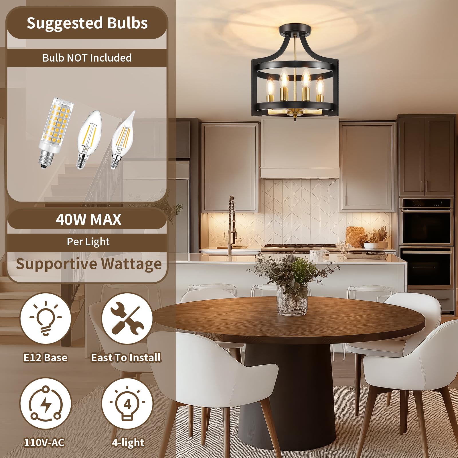 HOXIYA Farmhouse Chandelier - Adjustable Height Pendant Light, 4 Light Black and Gold, Metal, Model HOXIYA-J-PL0702 for Dining Room Foyer