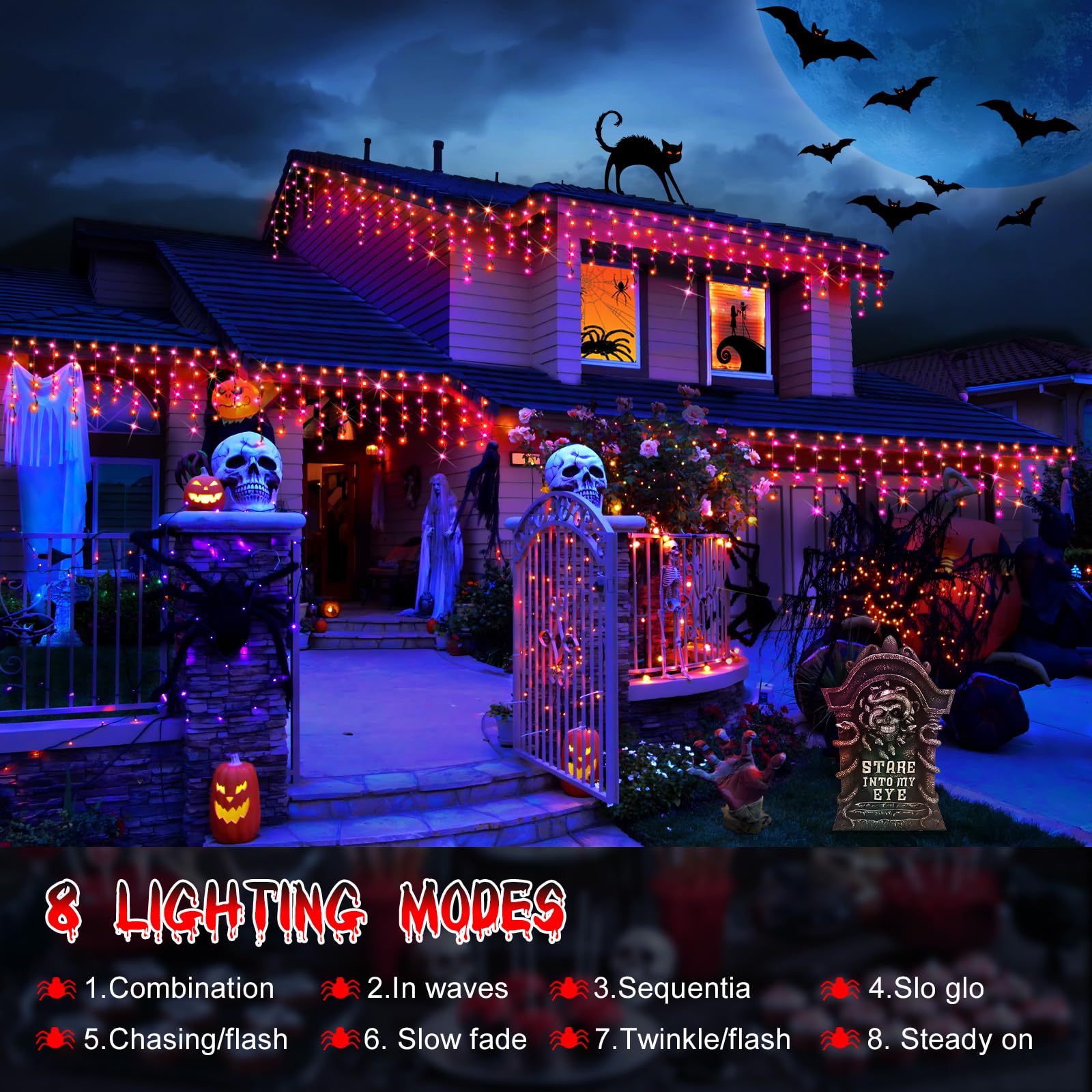 Hezbjiti 400Led Halloween String Lights - Purple & Orange Icicle Lights, 32.8Ft, 8 Modes, Outdoor Decoration For Yard & Garden