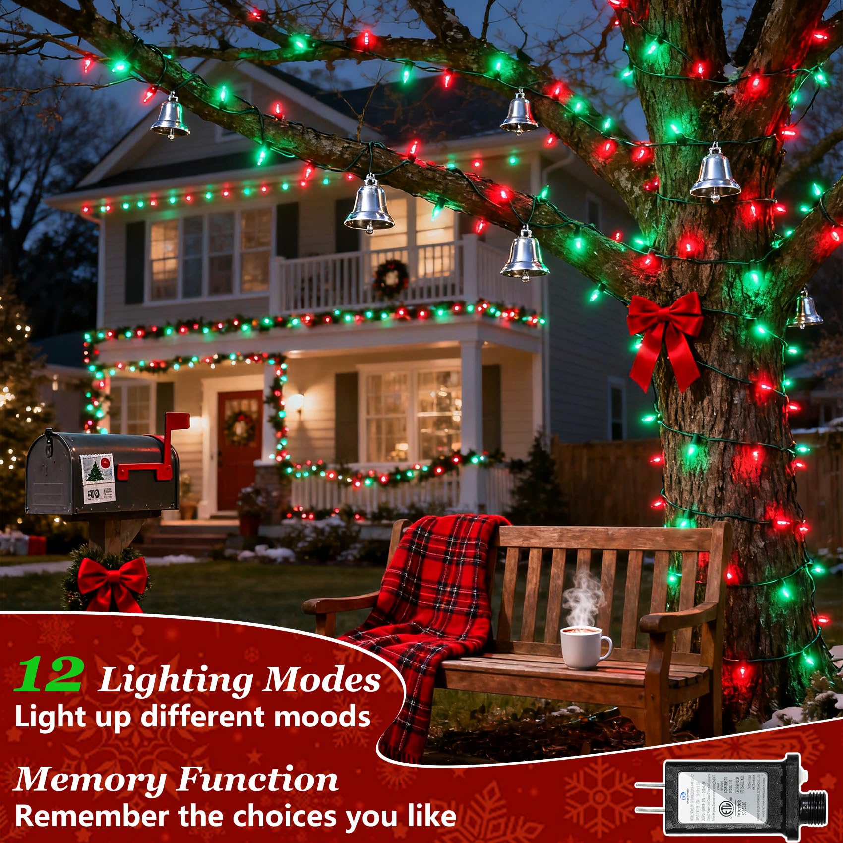 750 Led Christmas String Lights Outdoor  240Ft Twinkle Fairy Lights With Timer & Memory  12 Modes Dimmable Waterproof Tree Light For House Patio Wedding Party Christmas Decororations  Red & Green