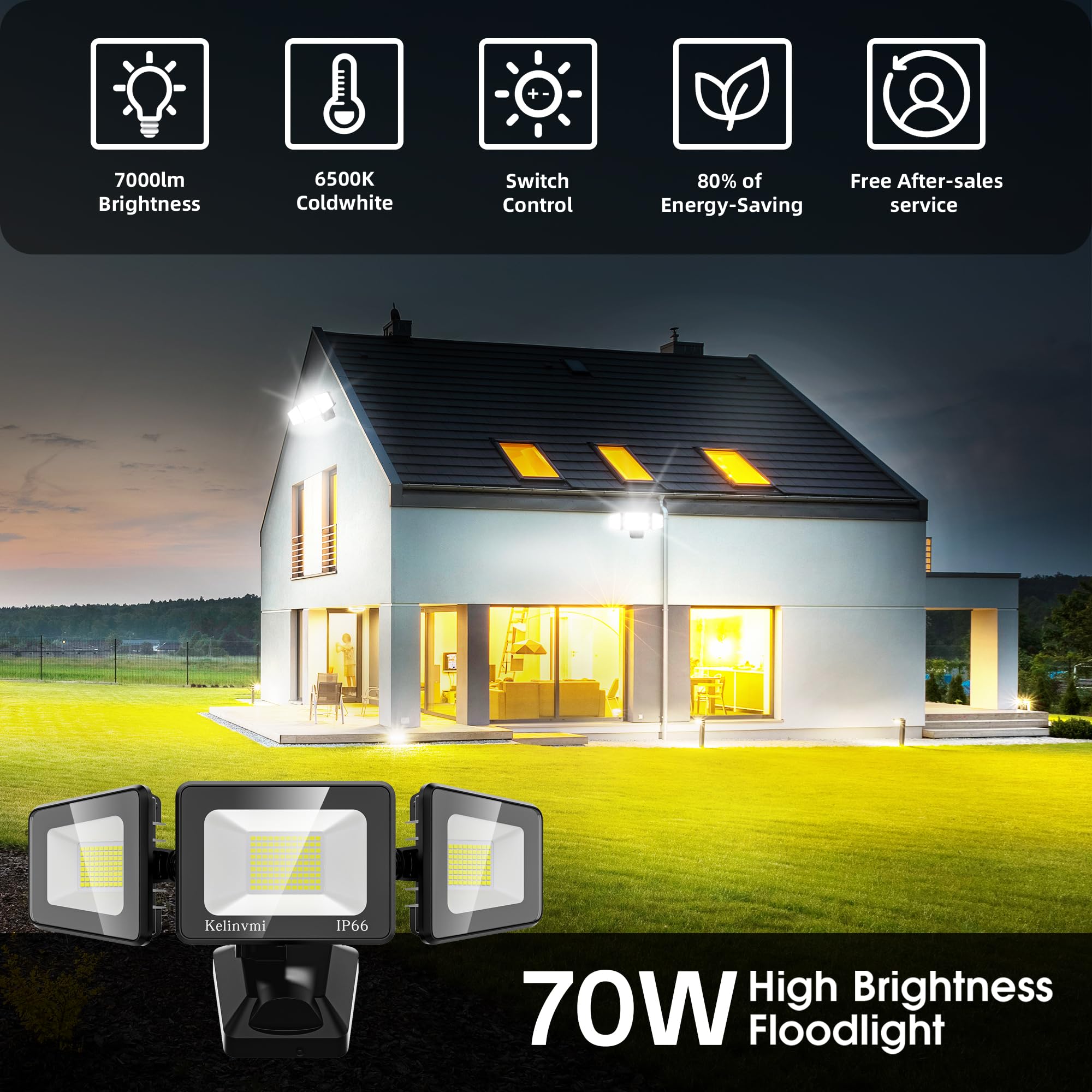 Kelinvmi Led Flood Lights Outdoor 70W, 7000Lm Outdoor Flood Lights, High Brightness Exterior Lighting Fixtures 6000K Cold White