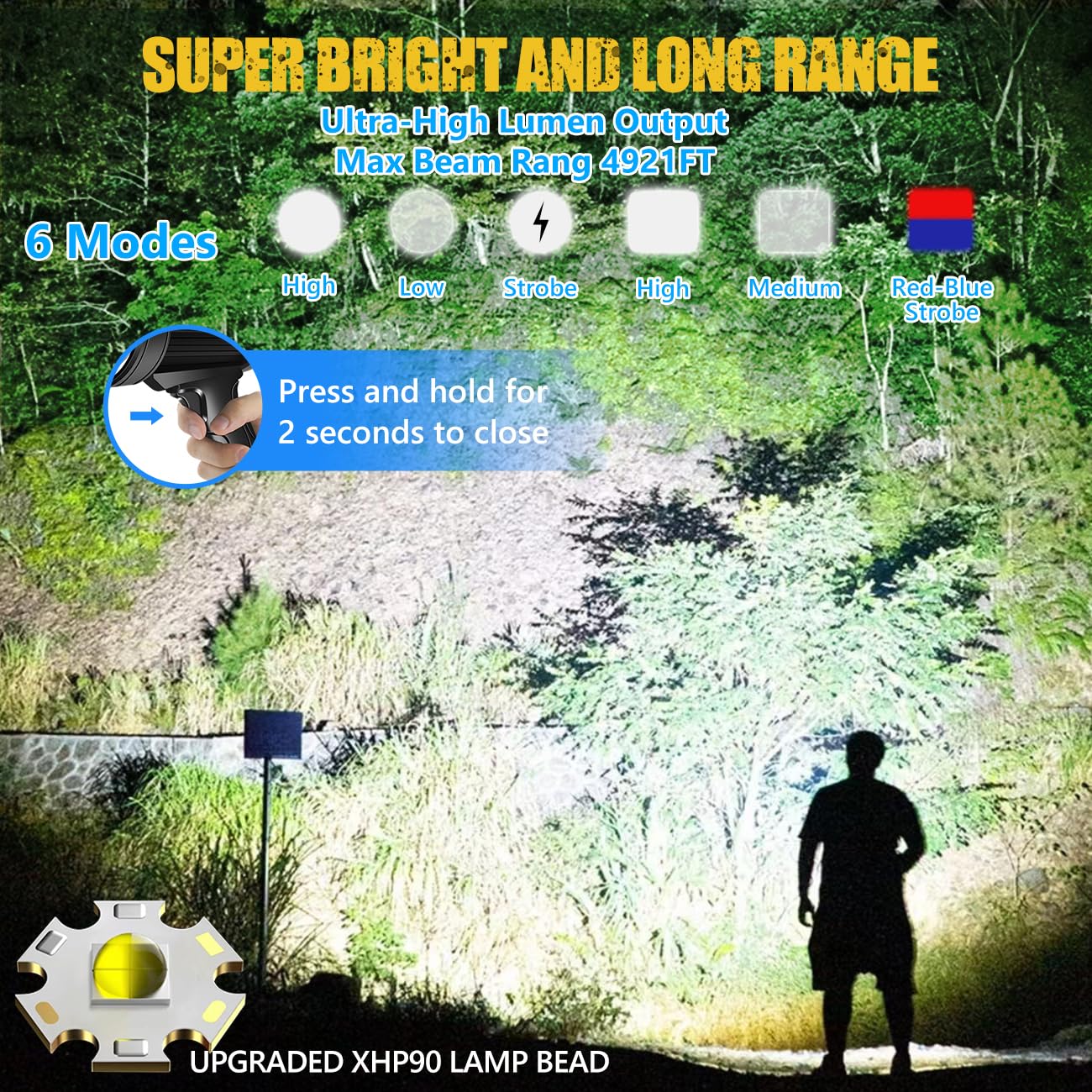 JSKNB 1000000 Lumen LED Rechargeable Spotlight Flashlight, Large with Tripod, Black, 6 Modes, Solar for Outdoor Use