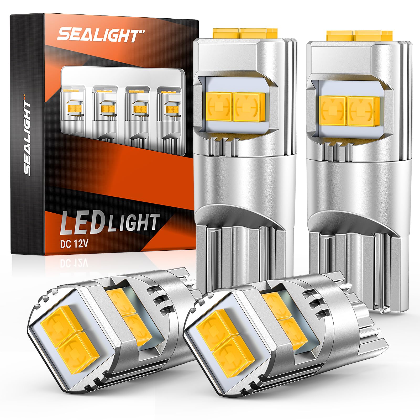 SEALIGHT 194 LED Bulbs for License Plate, Dome, Courtesy Lights, Pack of 4, Amber, Model XL02-Amber