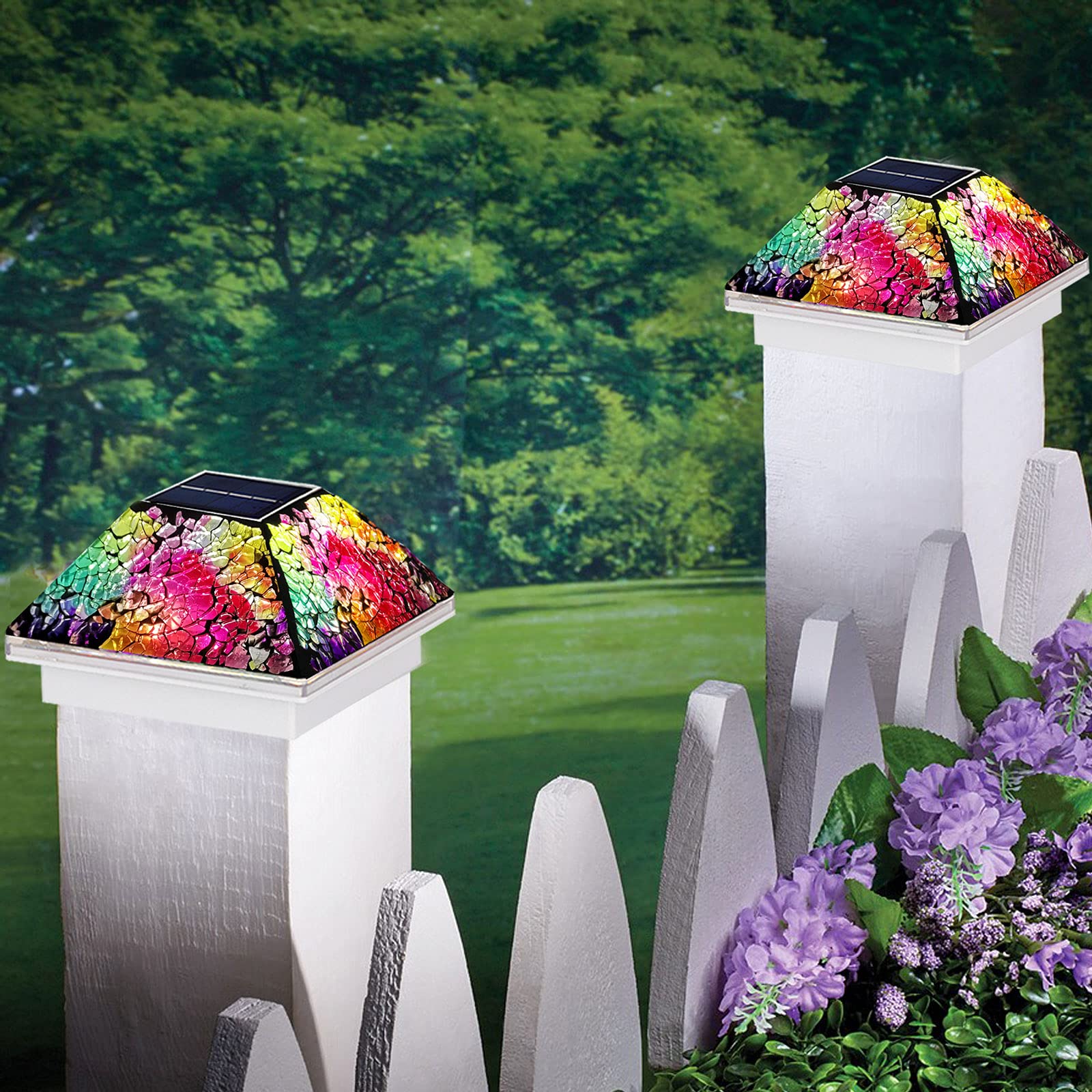 2PK Mosaic Solar Post Cap Lights Outdoor for 4x4, 3.5x3.5 Post Crackled Glass Deck Fence Lamp Weatherproof LED Light Decor in Garden, Yard, Outdoor Table, Balcony, Landscape- Multi-Colored