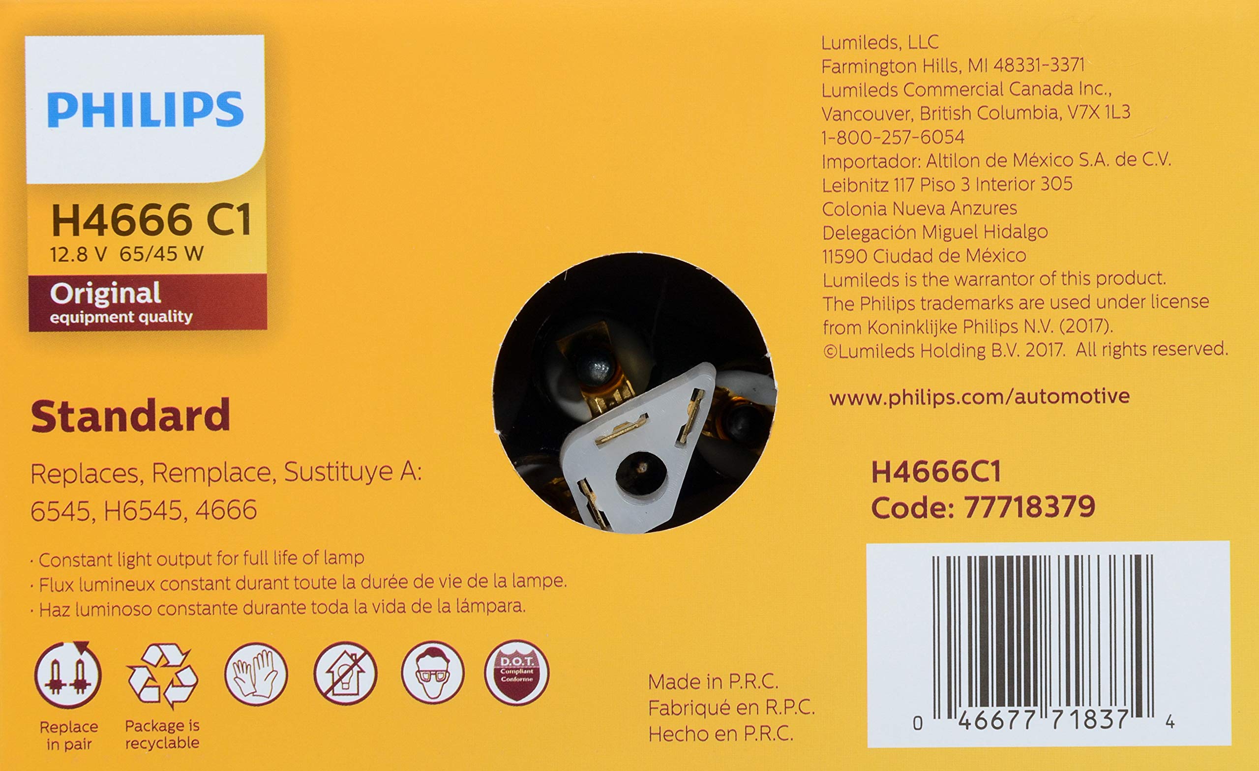 Philips H4666C1 Standard Halogen Sealed Beam headlamp, 2 Pack