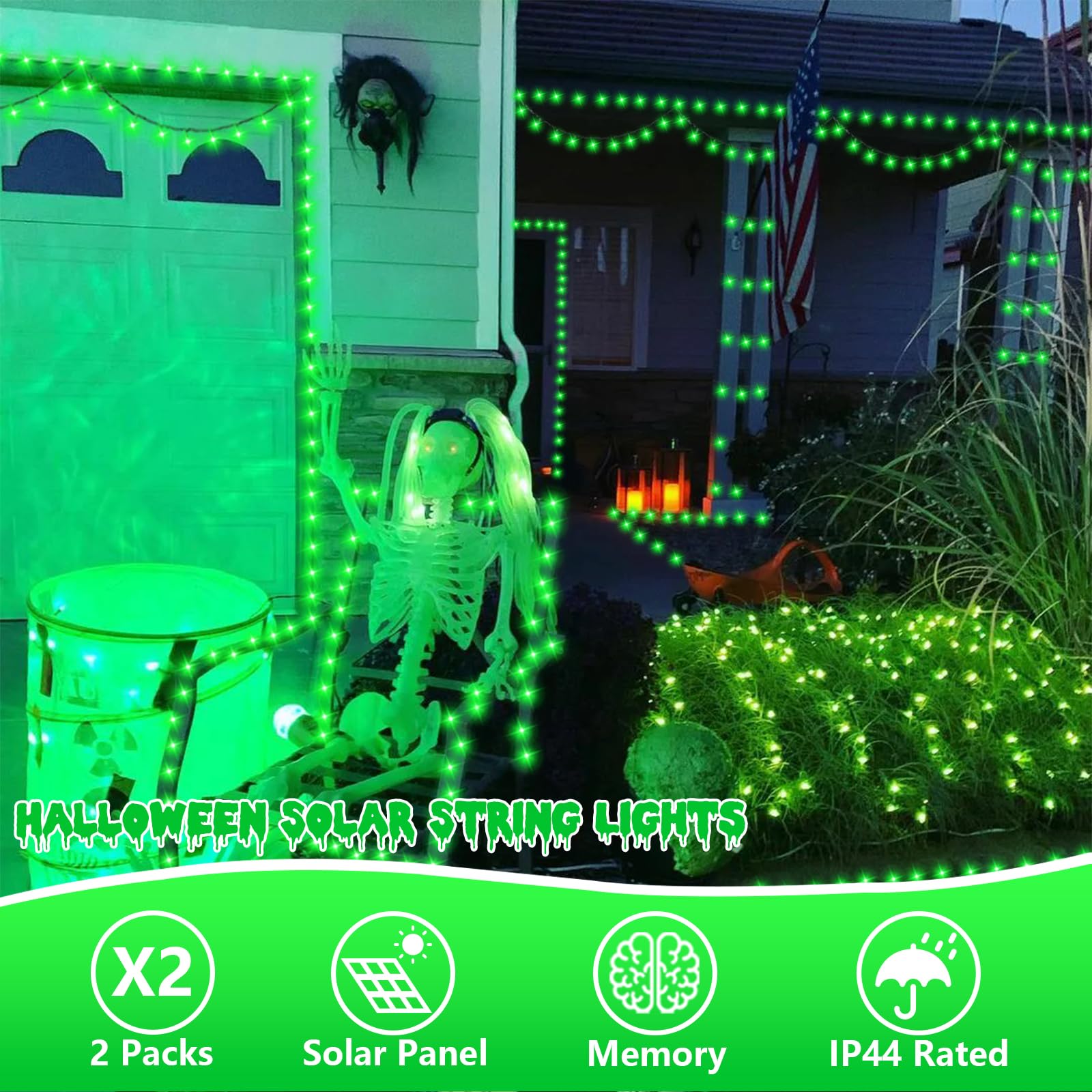 QITONG Green Solar String Lights, 200 LED, 66ft Each, 2 Pack, Waterproof, 8 Modes, Copper Wire