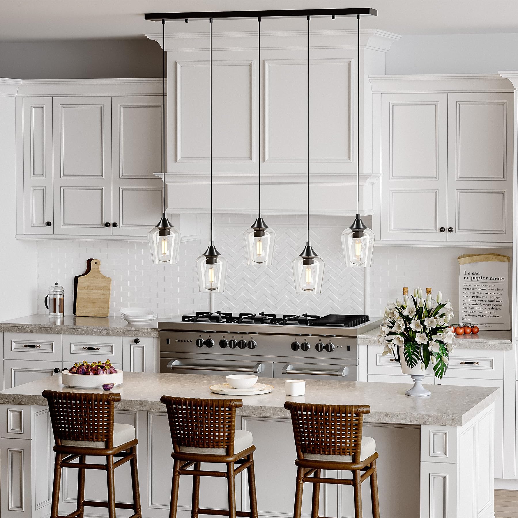 VONLUCE 5-Light Pendant Light Fixture, Modern Matte Black Metal with Wine Glass Shades, Adjustable Height 10"-55", ETL Certified