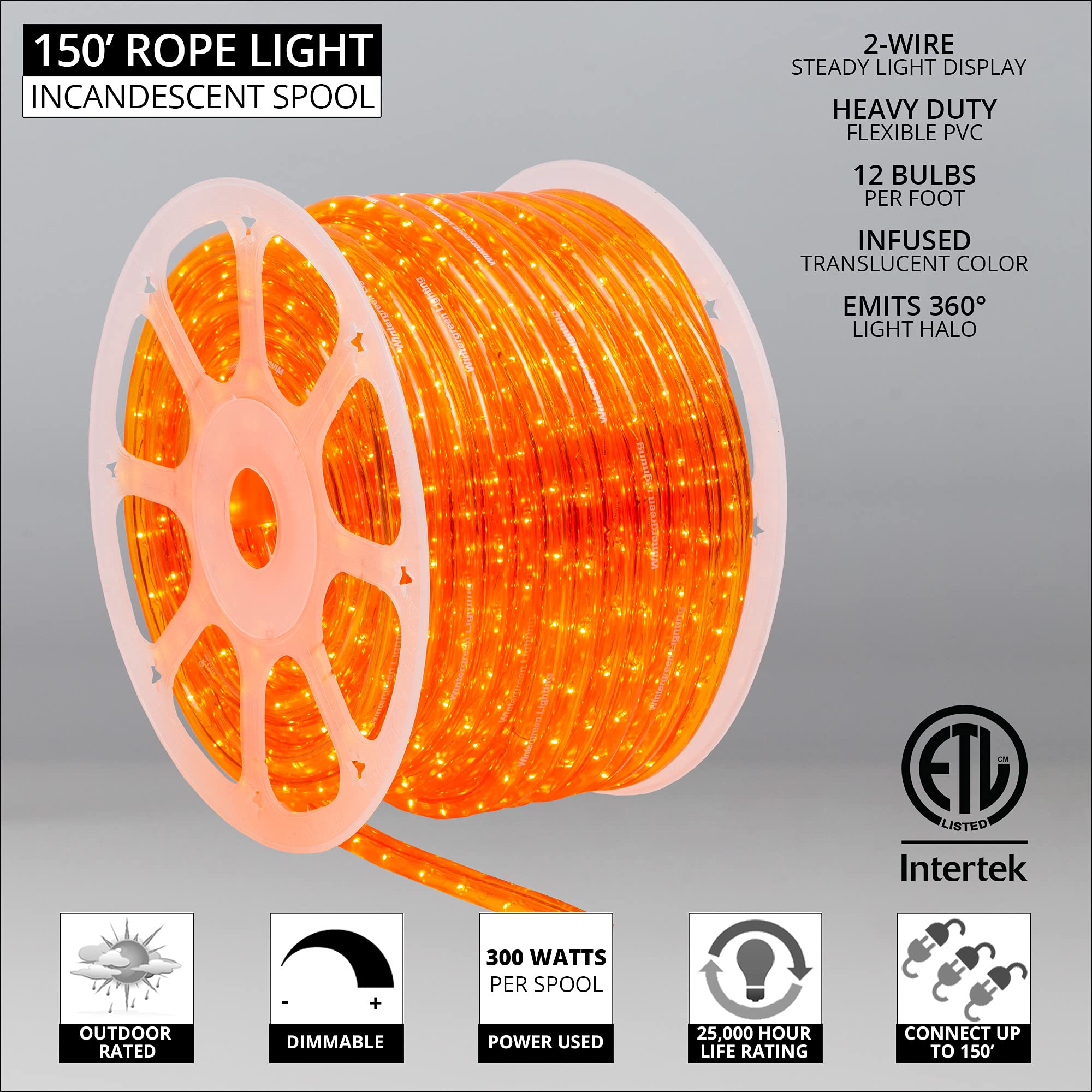 Wintergreen Lighting 150 Orange Heavy Duty Incandescent Rope Light Kit, 1800 Bulbs, PVC, Halloween Outdoor Lighting