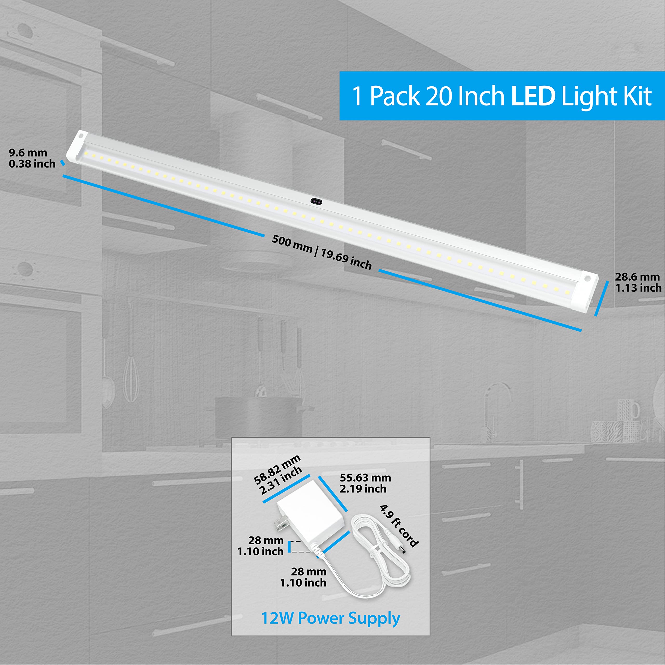EShine Under Cabinet LED Lighting Kit, 20" Dimmable, Warm White (3000K), Aluminum, Model ELW5001W - Touchless Wave Control
