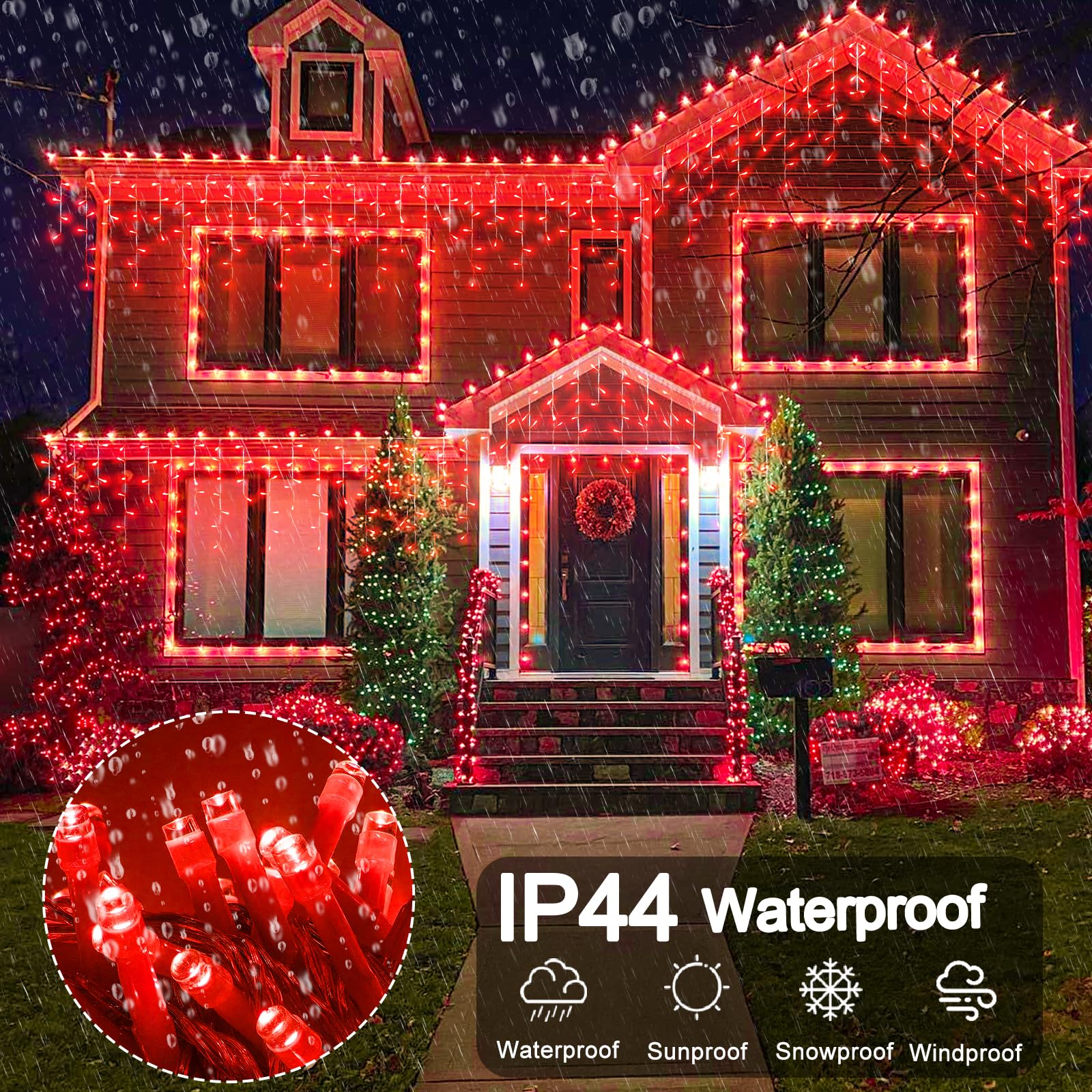 Nielfoi Christmas Lights Outdoor, 66ft Red Icicle String Lights, 640 LED, Waterproof, 8 Modes, Connectable for Indoor/Outdoor Decor