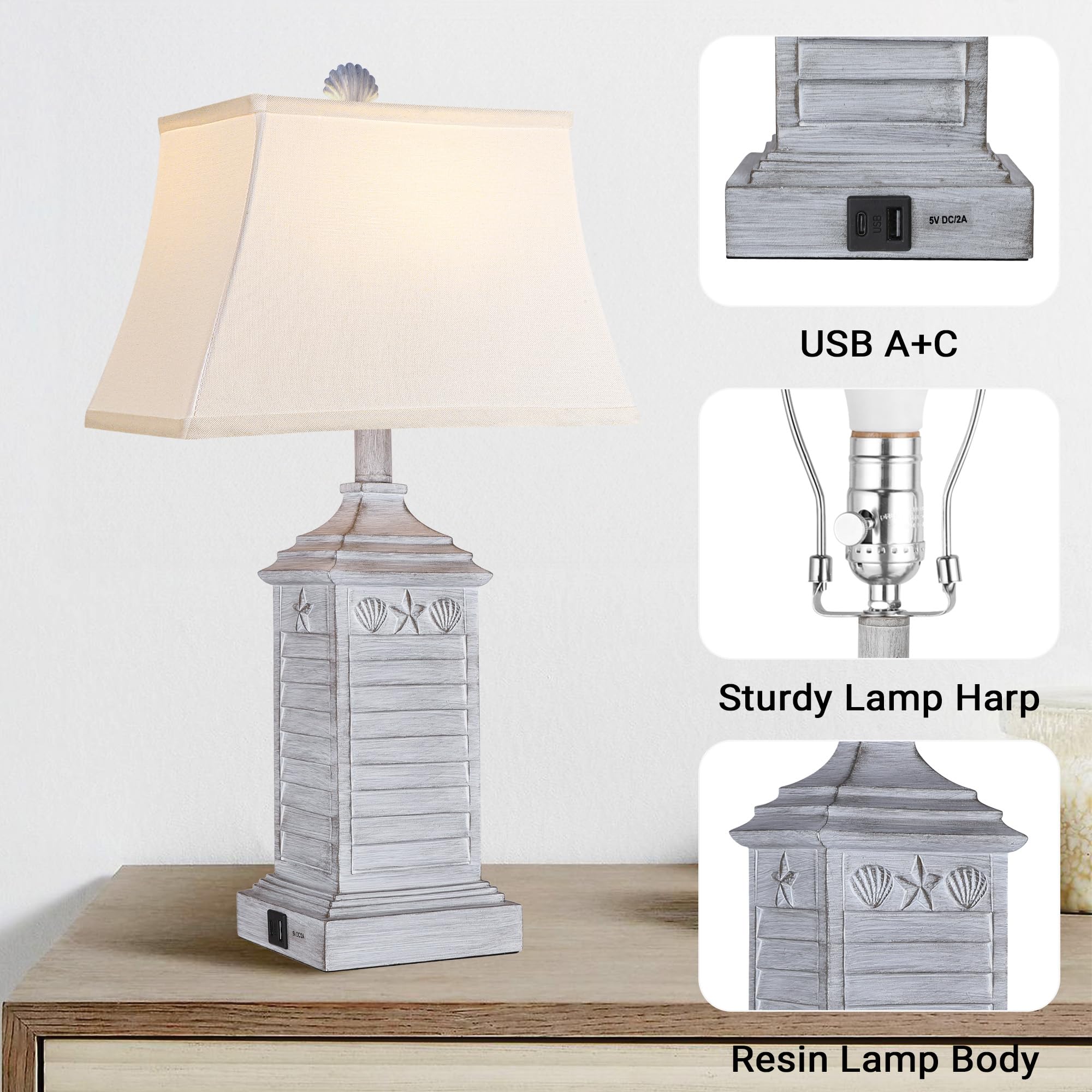 Hamucd Coastal Table Lamps Set of 2, Antique Grey Resin, USB A+C, 3-Color Temperature, Nautical Bedroom Decor, Model STR-DL-0116