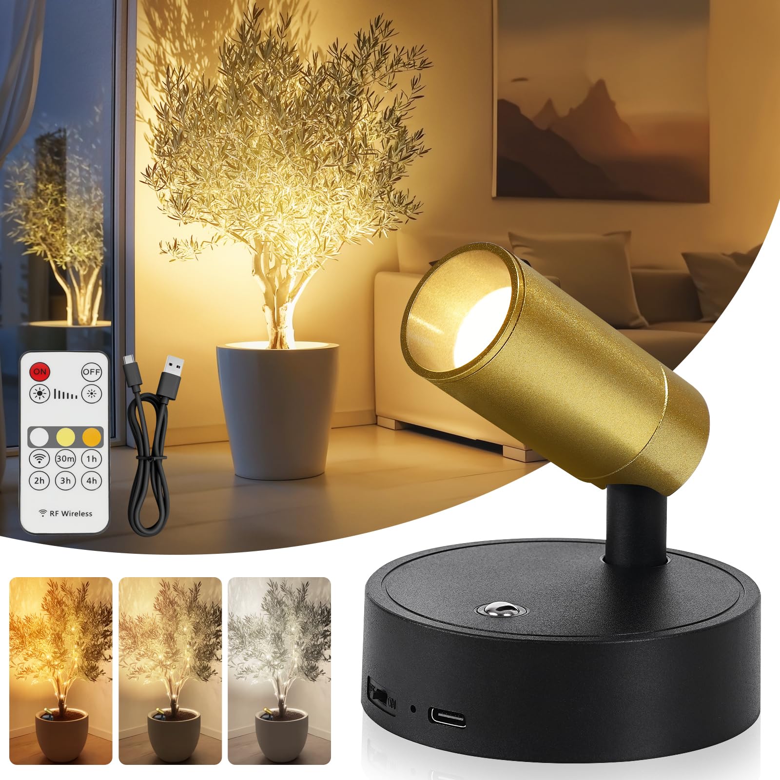 TaoFiaCo Spotlight Indoor, Wireless Uplighting Indoor with Remote Dimmable, 350 Rotate,Rechargeable Battery Powered Ceiling Spot