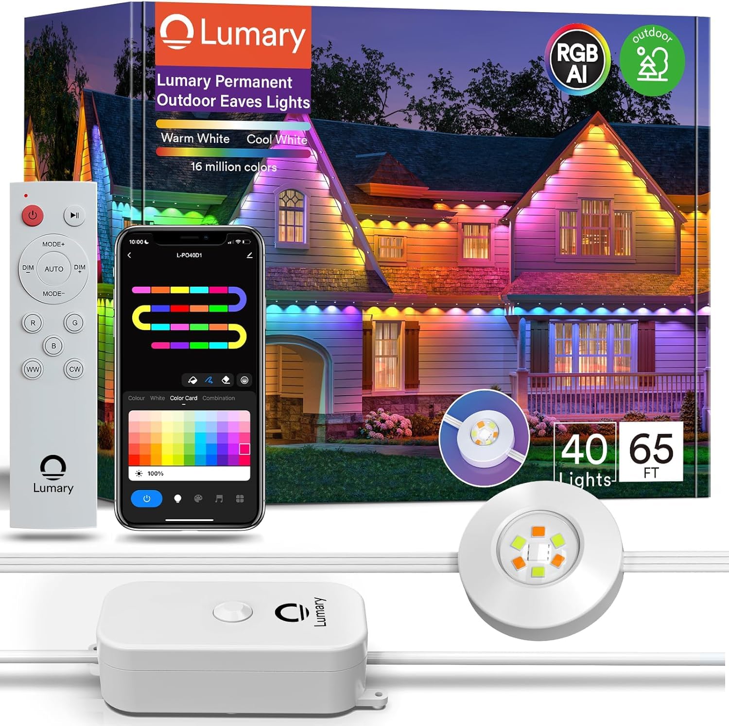 Lumary Outdoor Lights Pro, 40LED 53ft, IP67 Waterproof, Smart Eave Light, Remote Control, White, Model L-PO40D1