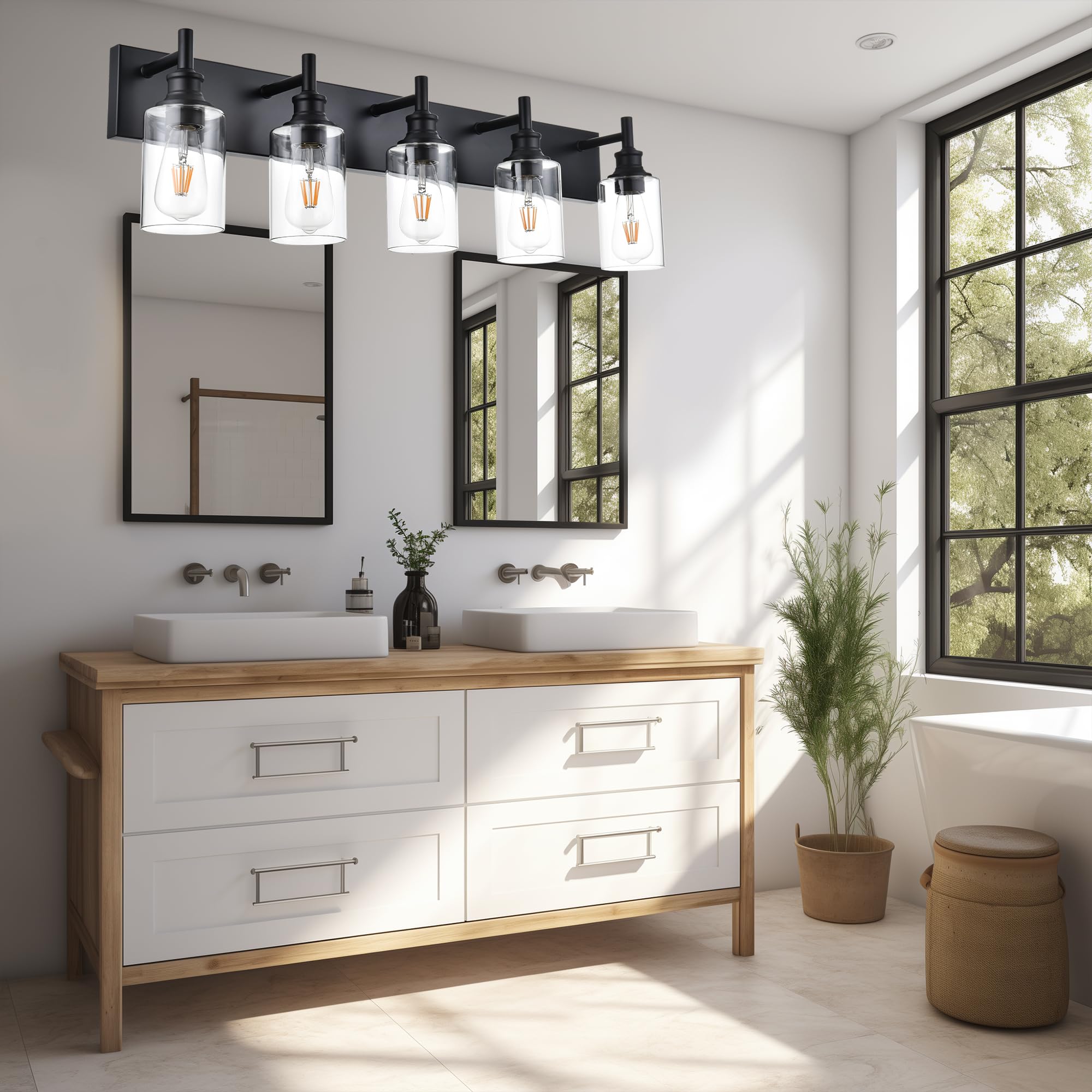 Wanluce 5 Light Bathroom Vanity Light Matte Black Bathroom Lighting Fixture Over Mirror with Clear Glass Vanity Lights for Bathr
